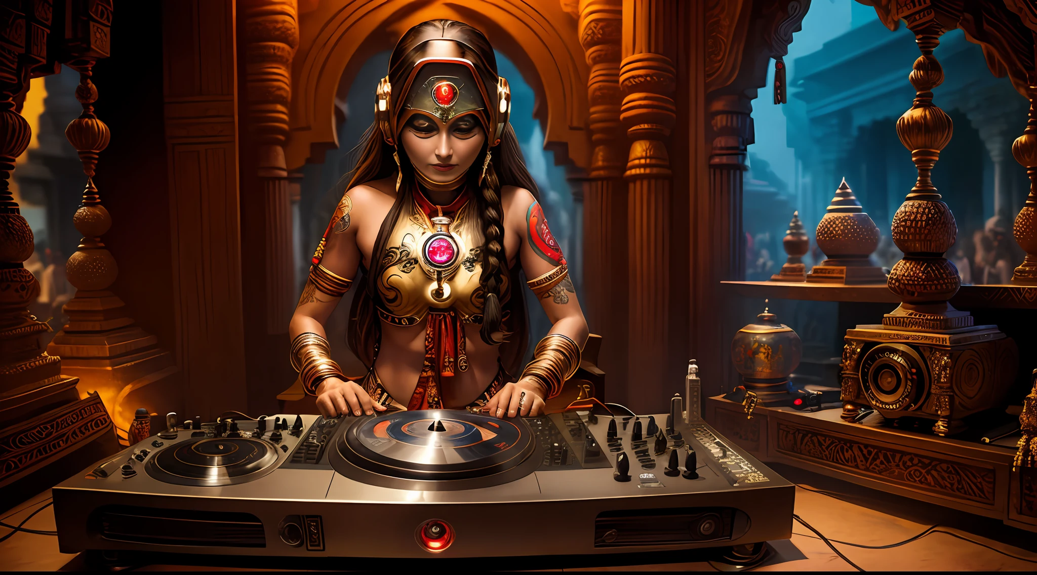 Tantric priestess with tattoos and percings and an ironman mask mixing music on a DJ record player at a Hindu temple Ultra-realistic photo -- --auto