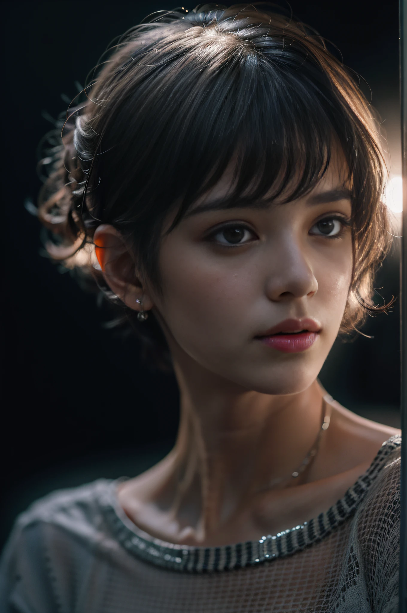 Best quality, masterpiece, ultra high res, (photorealistic:1.5), raw photo, 1girl, offshoulder, in the dark, deep shadow, low key, cold light, sexy look, short hair,