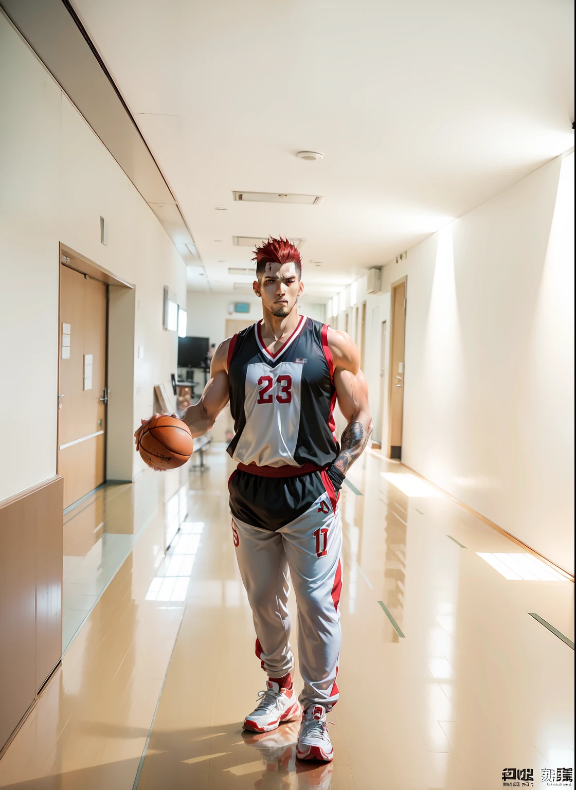 Comic style，Japanese style manga，Takehiko Inoue，Slam Dunk，Sakuragi Hanamichi，Delicate face，Arm carving，basketball suit，Red jersey，red tinted hair，Brush cut，