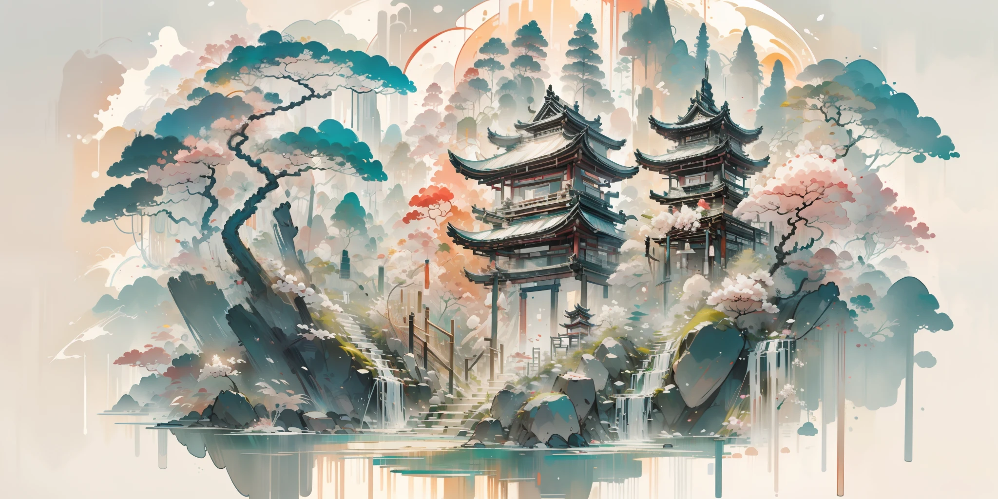 An oriental landscape painting, ancient China, extremely pure white background, dreamy, romantic, old-fashioned, 3D, 8K, spotlight, extremely fine details, wabi-sabi style,