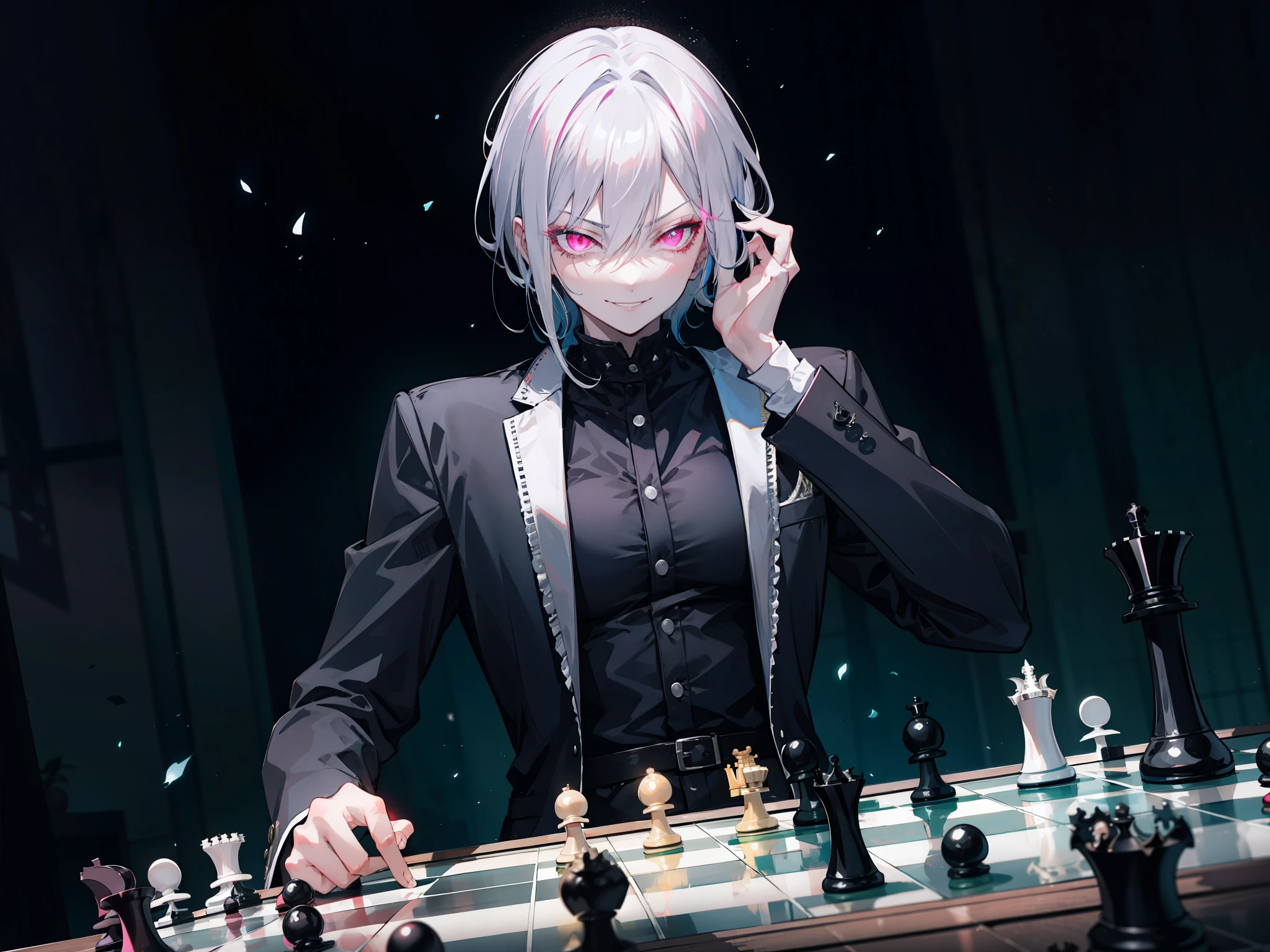 {[{{"Epic dark vibe, 4k artwork of a woman with black back hair and white hair bang and glowing hot pink eyes sitting at a chess board, contemplating her next move and smirking."}]}}