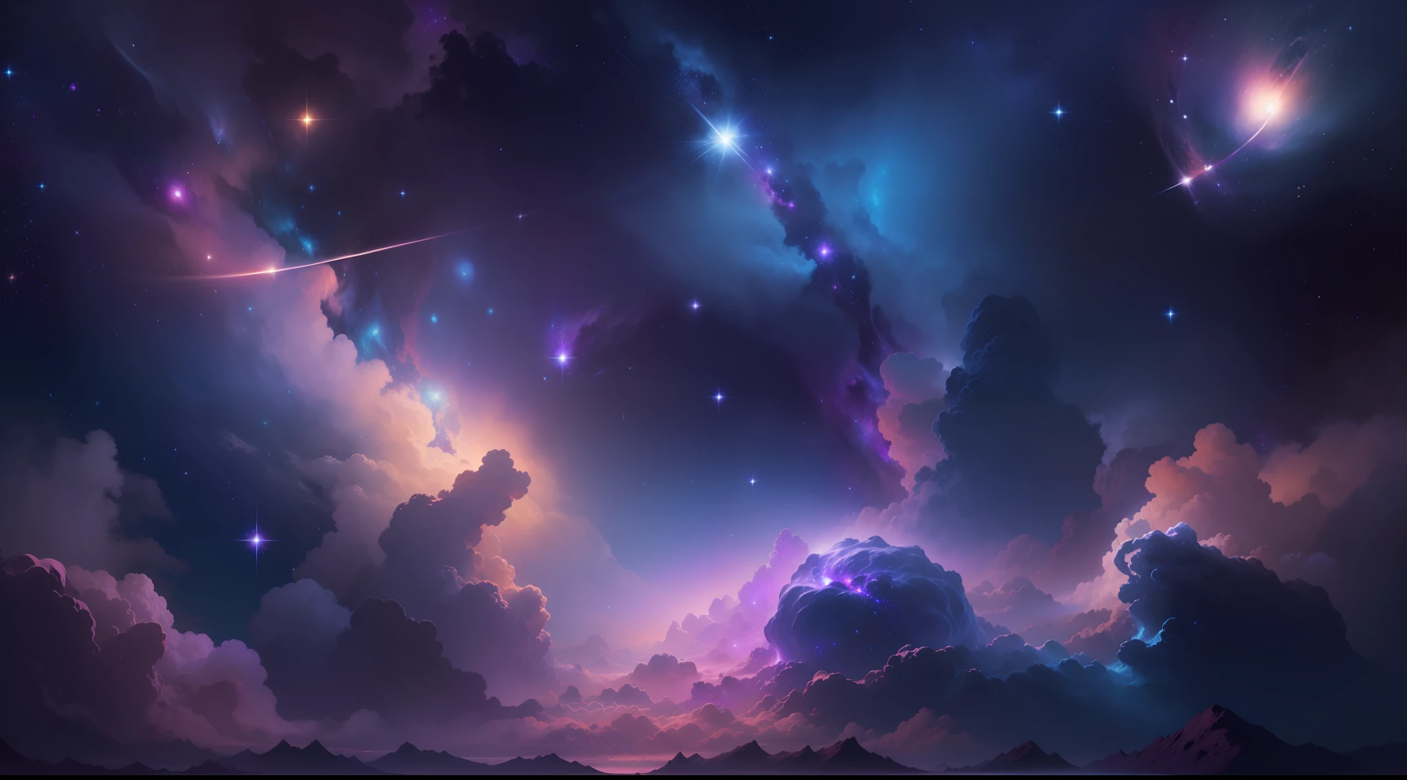 Create an image of a relaxed, dark universe. Scenes of serene celestial beauty in the vastness of space, where distant stars twinkle like guiding lights. Breathtaking nebulae and colorful galaxies evoke wonder and awe. Use soft, soothing tones and blend them with the indigo, deep purple, and warm hues of the sky to create an atmosphere of peace and serenity.