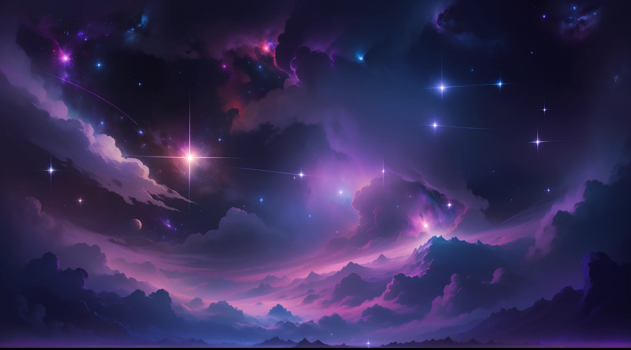 Create an image of a relaxed, dark universe. Scenes of serene celestial beauty in the vastness of space, where distant stars twinkle like guiding lights. Breathtaking nebulae and colorful galaxies evoke wonder and awe. Use soft, soothing tones and blend them with the indigo, deep purple, and warm hues of the sky to create an atmosphere of peace and serenity.