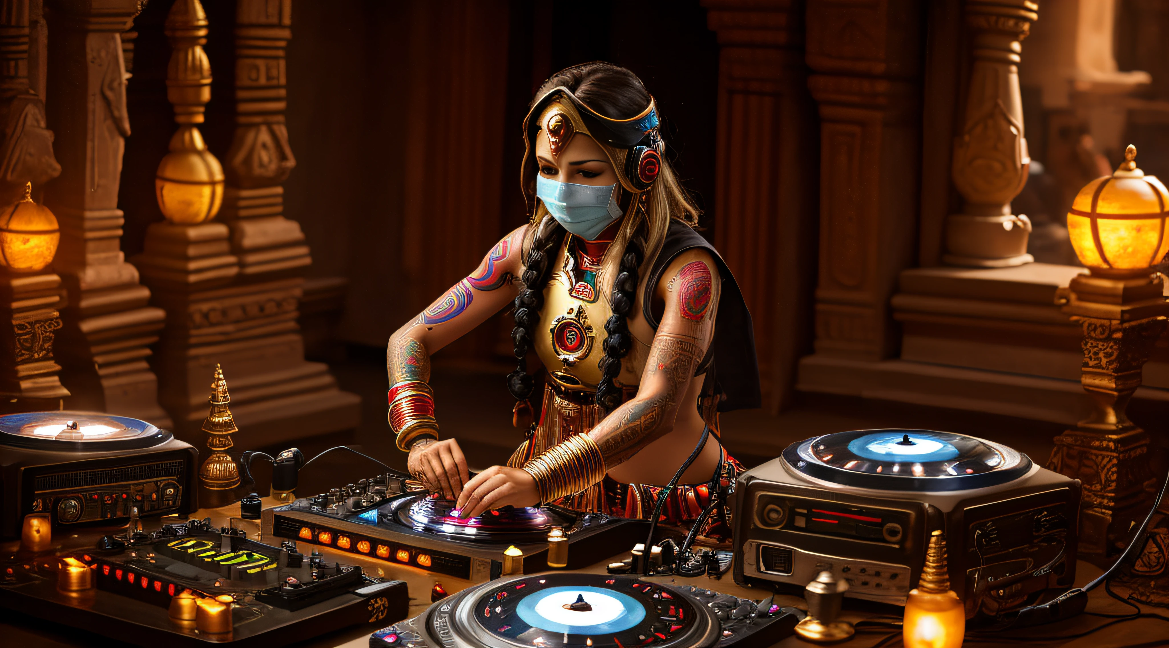 Tantric priestess with tattoos and percings and an ironman mask mixing music on a DJ record player at a Hindu temple Ultra-realistic photo -- --auto