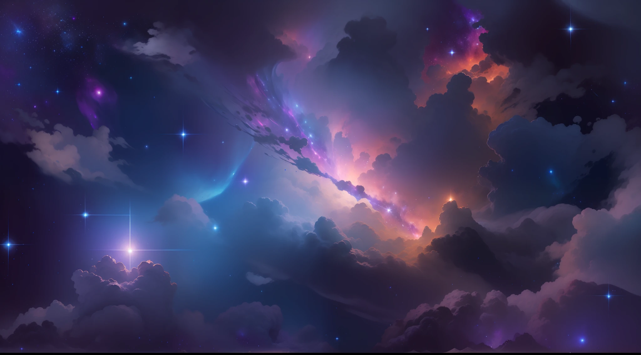 Create an image of a relaxed, dark universe. Scenes of serene celestial beauty in the vastness of space, where distant stars twinkle like guiding lights. Breathtaking nebulae and colorful galaxies evoke wonder and awe. Use soft, soothing tones and blend them with the indigo, deep purple, and warm hues of the sky to create an atmosphere of peace and serenity.