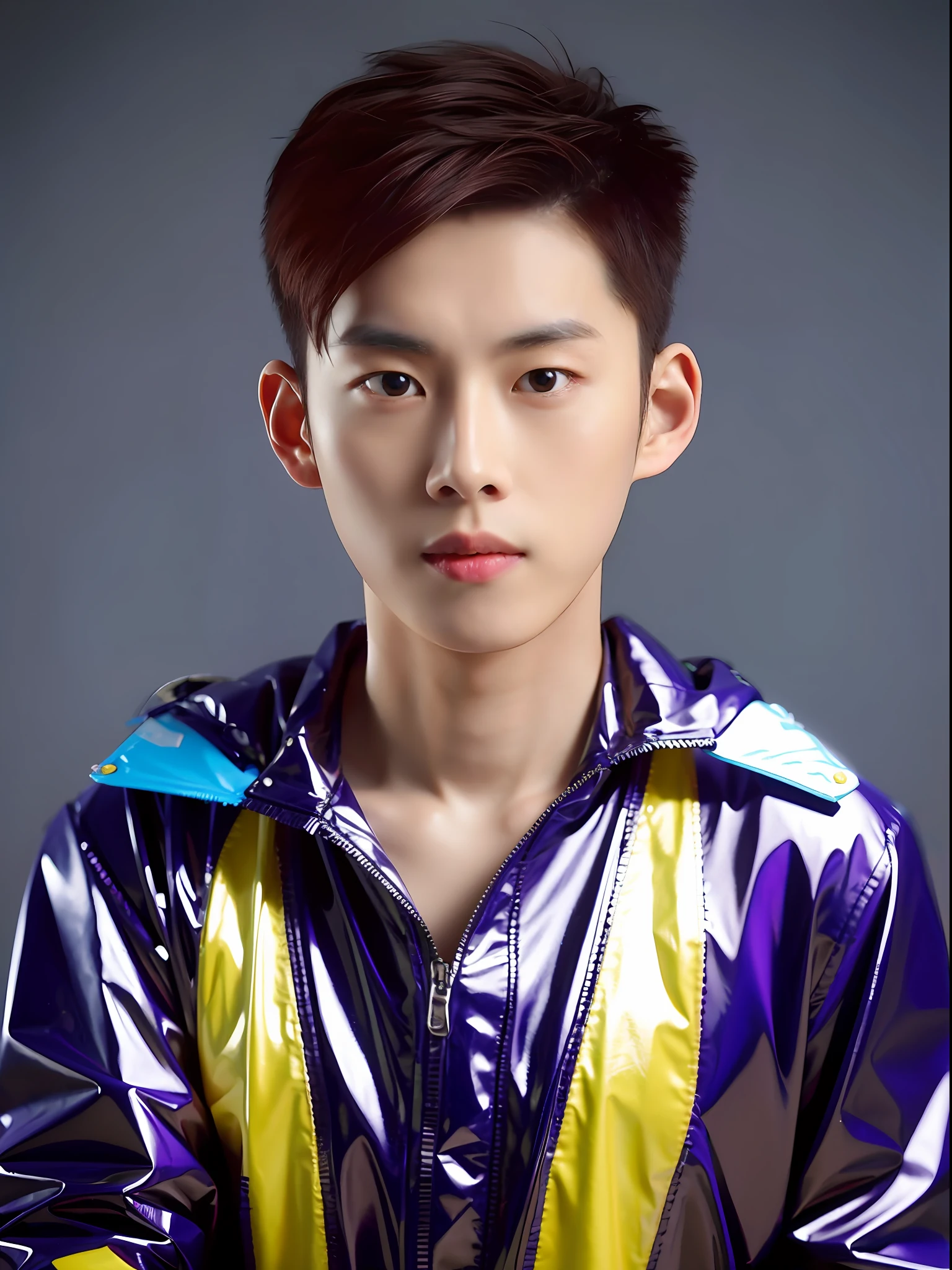 Chinese male high school student,Wearing purple PVC casual clothes。