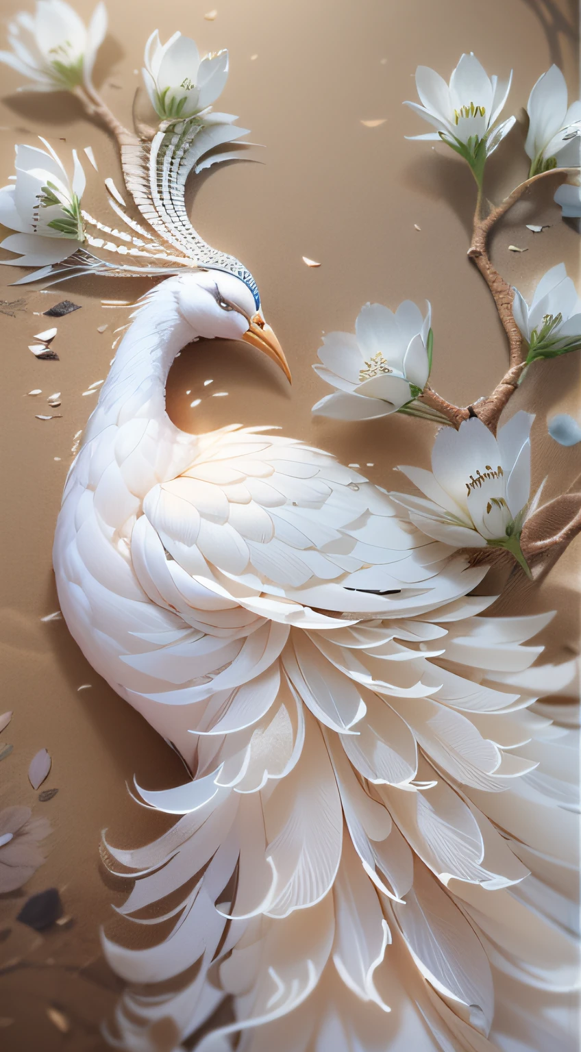 A white peacock，White feathers，The feathers are layered,(Stand tall on the branches：1.3），（Screen Living），(Medium and close range)，（Super finely depicted head：1.3），（Perfect realistic paws:1.3），（Overall silhouette，）Ultra photo realsisim，super-fine，超高分辨率，8K,Premium wallpapers，Highest image quality，3D,C4D