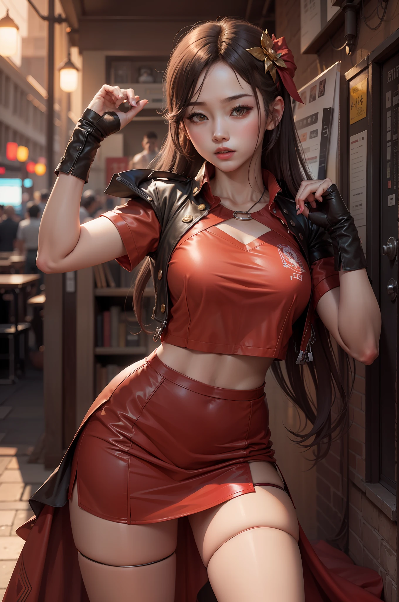 best qualtiy，tmasterpiece，超高分辨率，（Fidelity：1.4），RAW photogr，1girll，cinmatic lighting，King of Fighters 97 game character Athena。Red clothes，Exposing the abdomen，short red dress，