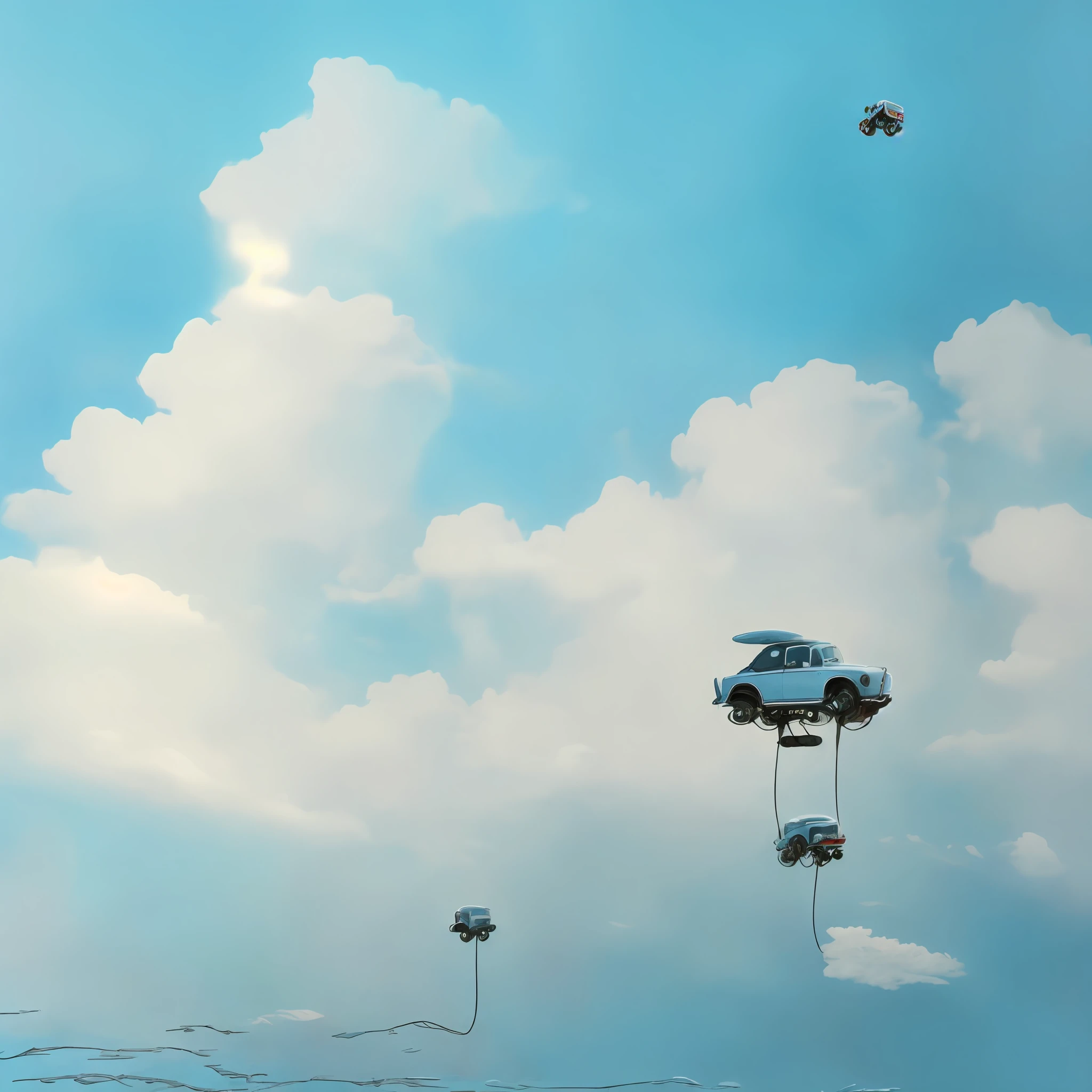 There was a car driving on Cloud Lake, inspired by Chris LaBrooy, floating cars, author：Chris LaBrooy, surreal object photography, surrealistic digital artwork, Miniature photography, on a mini world, Surreal photo, Surreal photography, surrealist photography, dreamlike surrealism, Surreal art, surreal clouds, alex andreev, minimalist photorealist