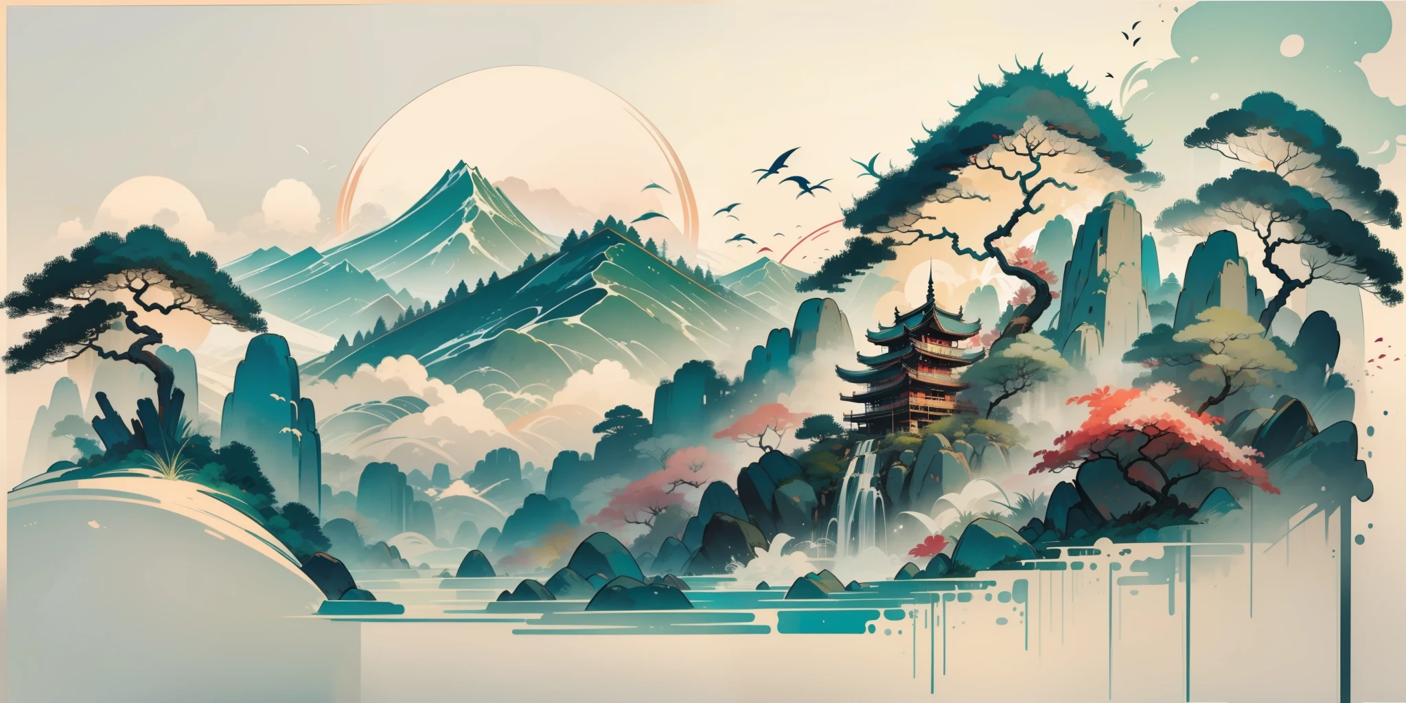 An oriental landscape painting, ancient China, extremely pure white background, dreamy, romantic, old-fashioned, 3D, 8K, spotlight, extremely fine details, wabi-sabi style,