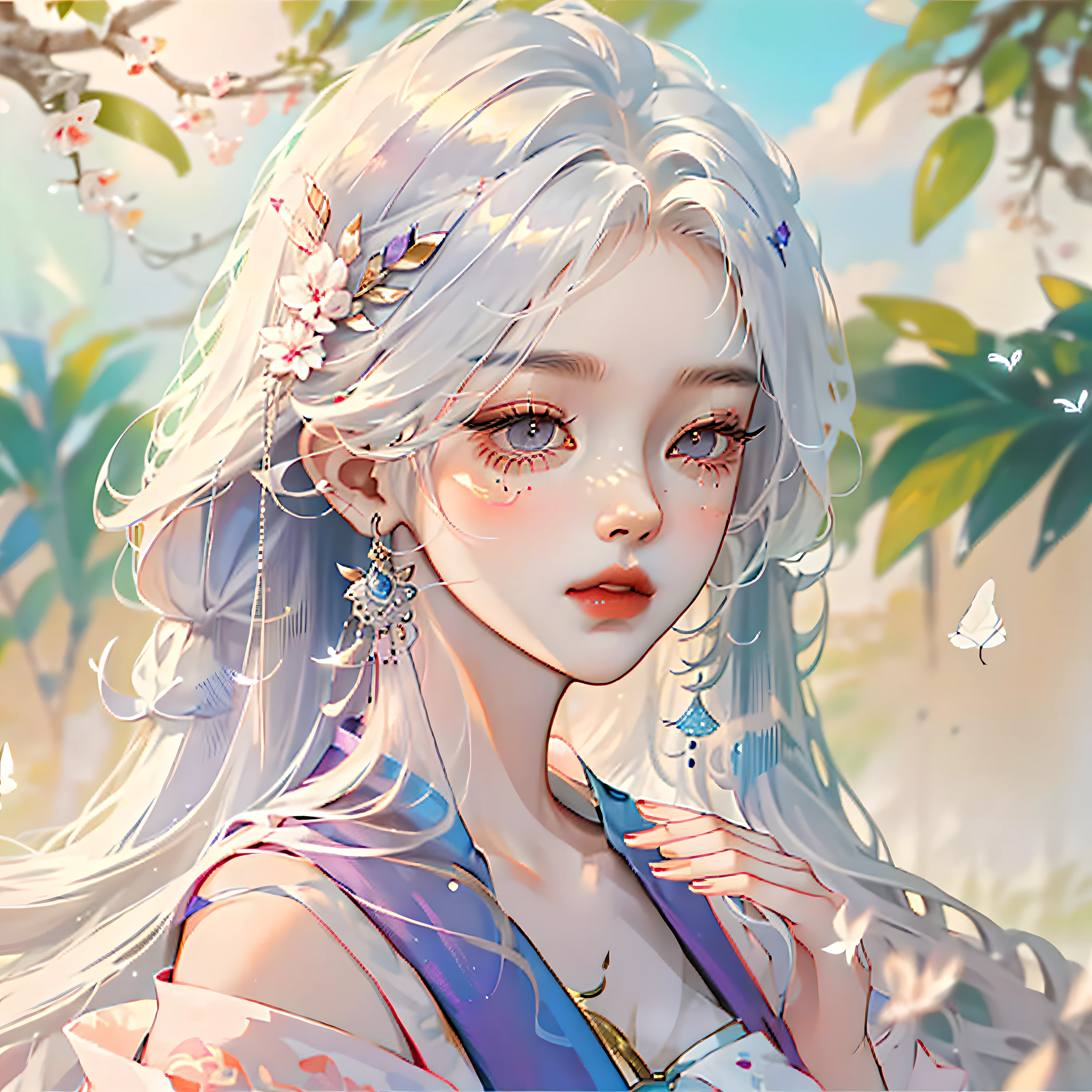 Yun Xian'er has a graceful figure, fair and silky skin, a delicate and moving appearance, her eyebrows are like erflies, her eyes are like autumn water, the corners of her eyes are ghostly, her long hair is shawl, her skin is fair, her body is petite, her face is gentle and beautiful, her lips are slightly opened, her eyebrows are affectionate, and she exudes a fresh breath. Her nose bridge is straight, her lips are rosy and plump, slightly raised, exuding a confident and intelligent temperament, she is dressed in a lilac dress, slightly permeated with a light and elegant breath; Her hair is flicked on her shoulders, soft and bright like velvet, and her eyes seem to have endless wisdom, looking very heartwarming, masterpiece, the best quality
