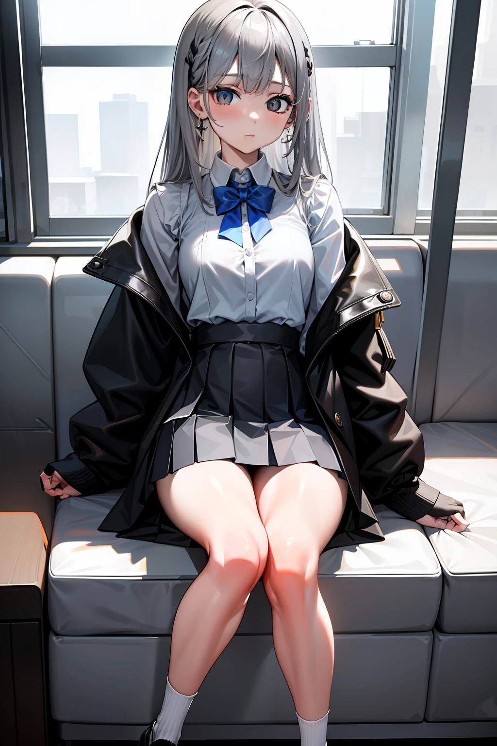 Masterpiece，Best quality，High details，1girll，Girl with long gray hair，校服，White color blouse, Blue pleated skirt, black sock，Brown leather shoes，Wear earrings，Black coat，The girl is skinny，The girl was lovely，Very short，face expressionless，Sit on the window，Drink drinks