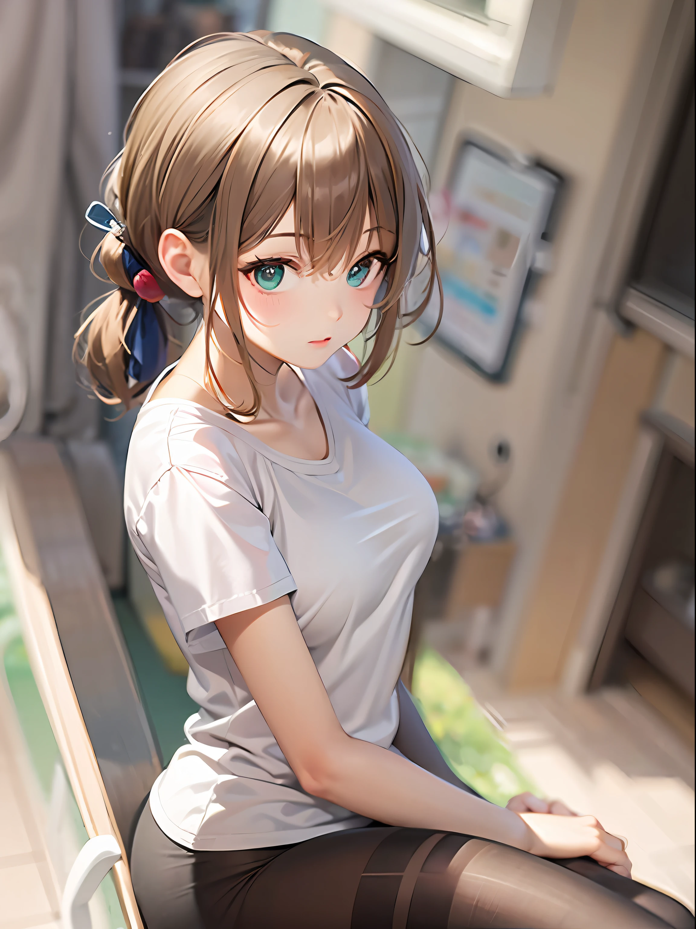 only 1 girl, beautiful, look at the viewer ,wearing Pantyhose, white T-shirt, light brown hair, short ponytail, green background ,masterpiece, anatomically correct, textured skin, super detail, high details, best quality, high quality