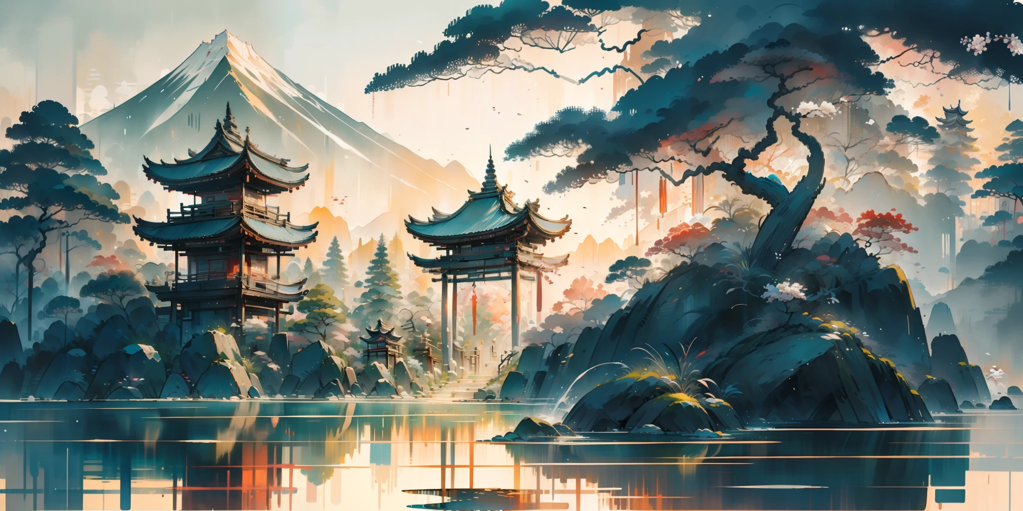 An oriental landscape painting, ancient China, extremely pure white background, dreamy, romantic, old-fashioned, 3D, 8K, spotlight, extremely fine details, wabi-sabi style,