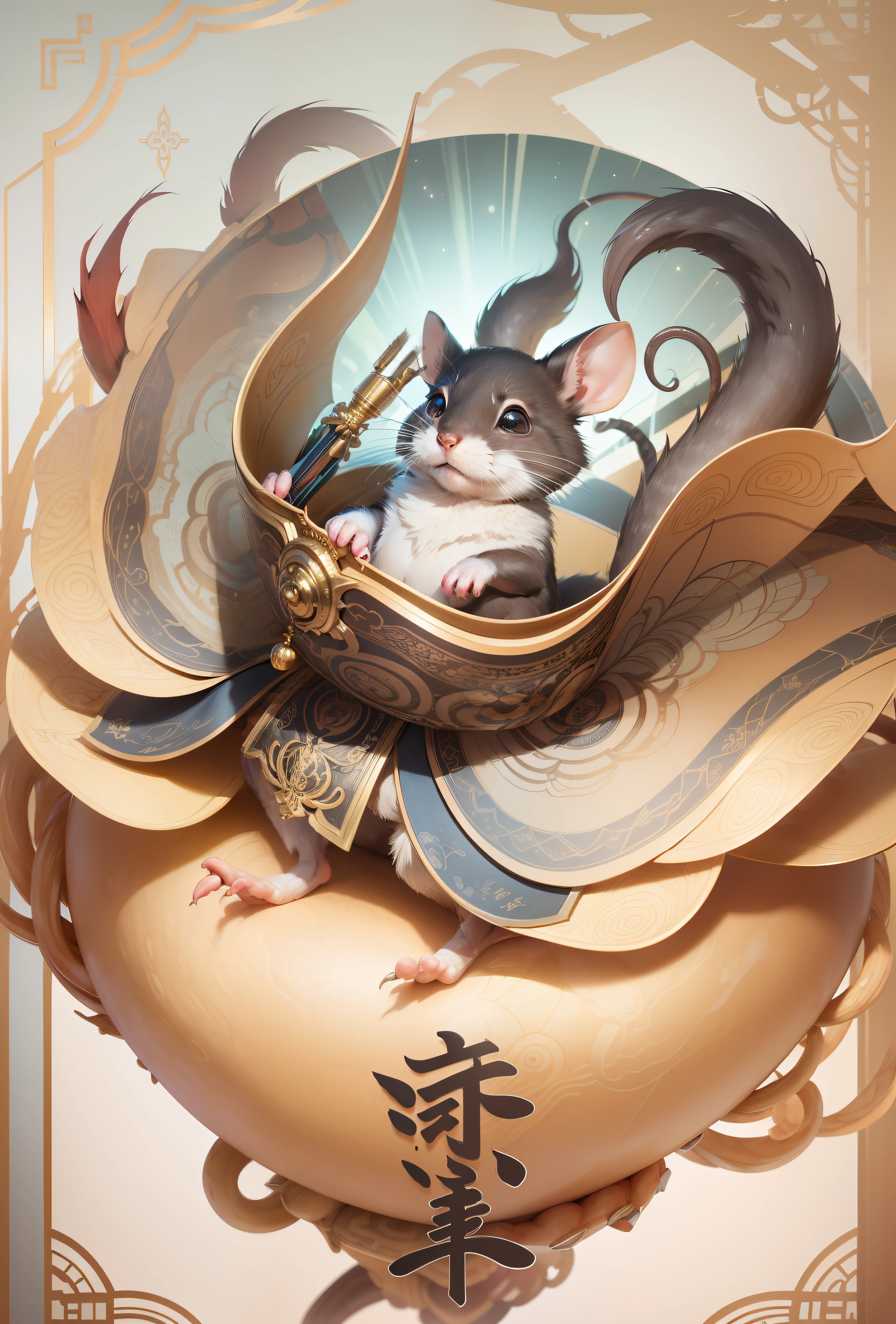 (Extremely detailed 8k wallpapers),复杂,Highly meticulous,Full of drama,Masterpiece, High quality, 4K, Beautiful design, Shiny, From above, (Redshift style:1.1), (analogue style:1.1), Sub-rats,Zodiac rats,ratz,Auspicious clouds,the detail,Clear pattern,Hold the brush with the mouse,Impeccable,Detailed limbs,Not against the rules