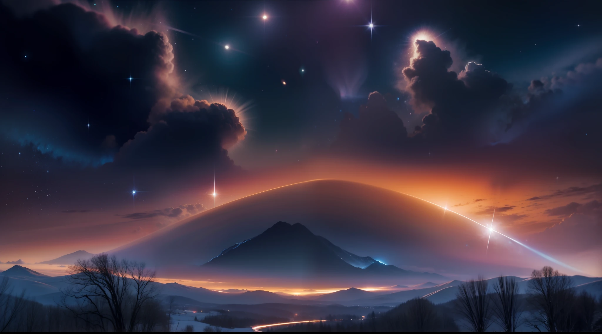 Create a relaxed image, Dark Universe. Scene of serene celestial beauty in the vastness of space, Where distant stars twinkle like guiding lights. Breathtaking nebulae and colorful galaxies inspire amazement and awe. Use Software, Soothing tones and blended with indigo, Deep purple, And warm shades of the sky to create an atmosphere of peace and tranquility.
