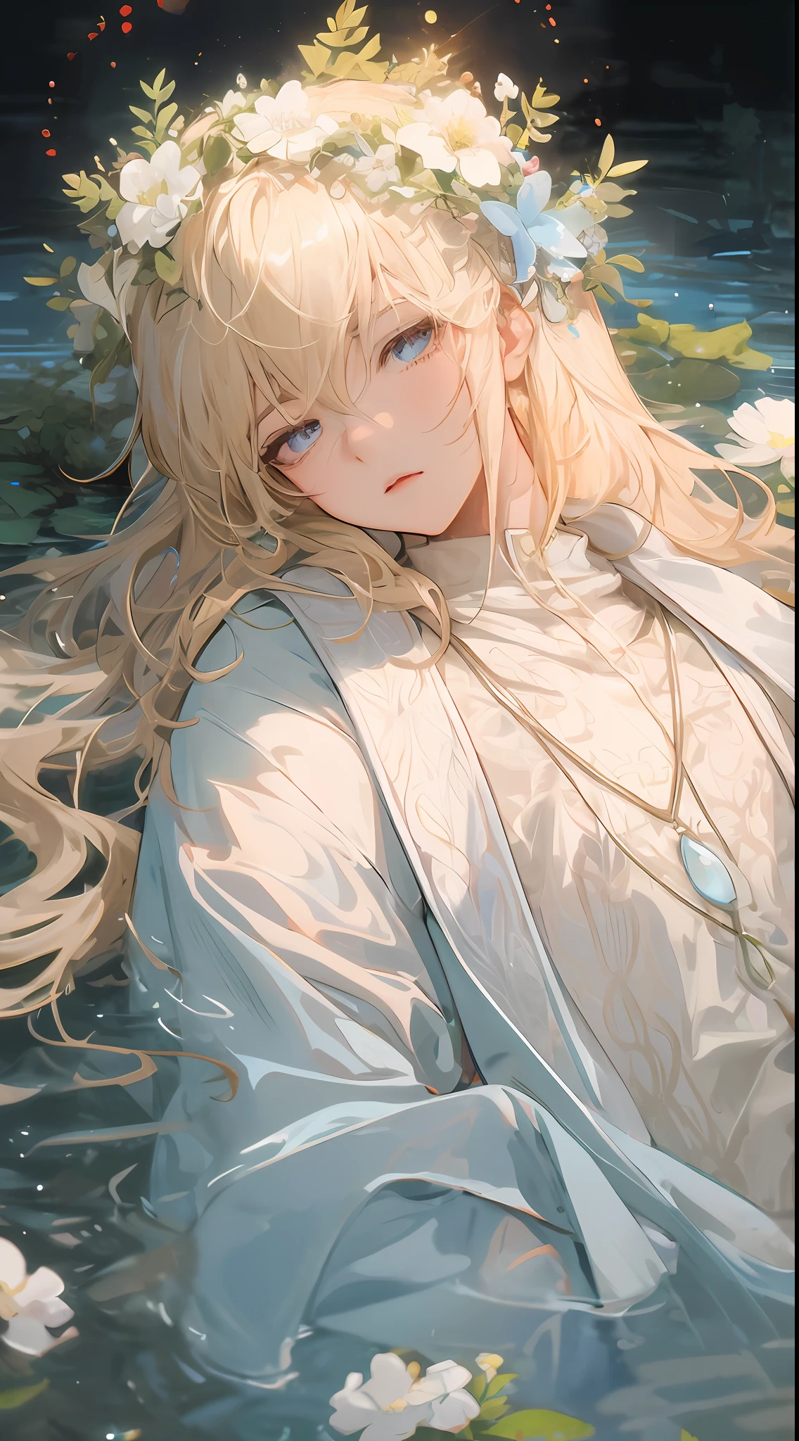 Anime man with long hair and flowers floating in the water, Violet Evergarden, Detailed Digital Anime Art, flowing hair and long robes, Beautiful Anime Portrait, Blonde anime man with long hair, clean detailed anime art, soft anime illustration, Trending on ArtStation pixiv, portrait of magical blond prince, guweiz on pixiv artstation, digital anime illustration