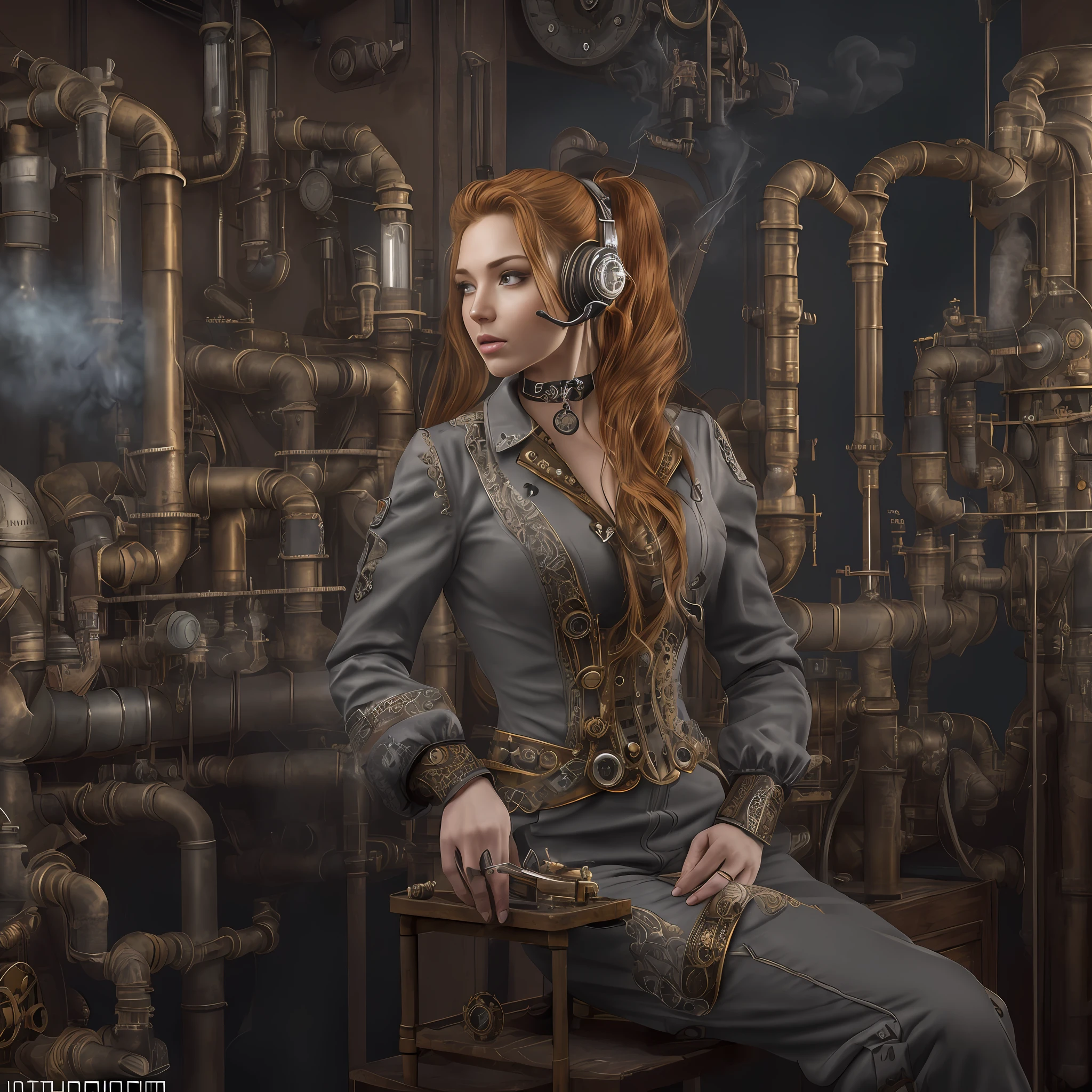 (photo, photorealistic:1.37), one girl, full body, sitting on a chair, shot from side, profile, slow motion, female steampunk engineer, (wearing a gray jumpsuit with steampunk details:1.2),(ornately decorated intercom headset:1.3), (ornately decorated choker), (insanely detailed steampunk, bloom:1.5), (detailed pupils:1.1), detailed face and green eyes, Masterpiece, best quality, (highly detailed photo:1.1), (long ginger Hair, ponytail,ecstatic:1.1), (young woman:1.1), sharp, (perfect body:1.1), realistic, real shadow, 3d, (steampunk workshop interior filled with lots of steam pipes background:1.2), photographed by Canan EOS R6, 135mm, 1/1250s, f/2.8, ISO 400