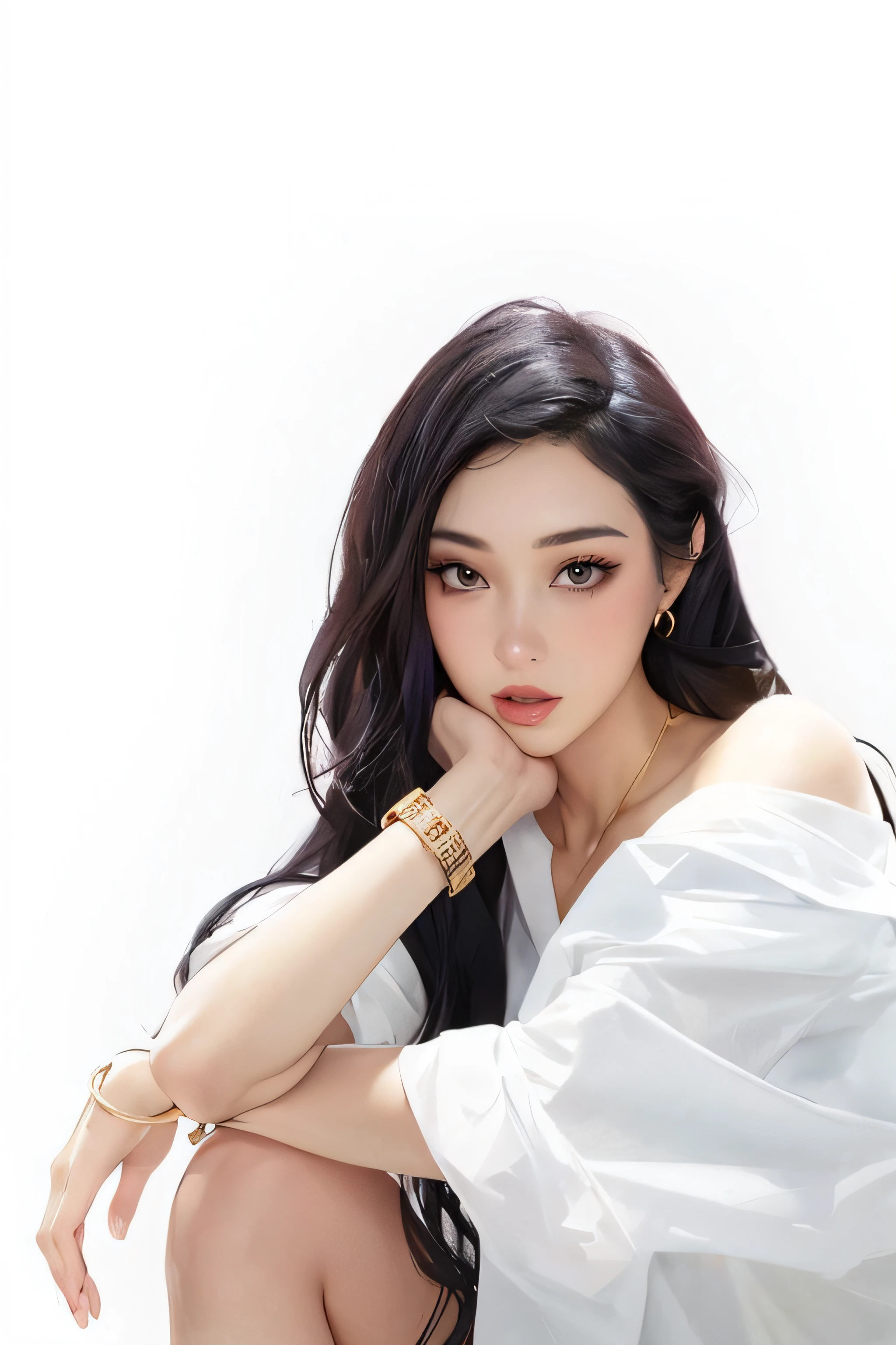 (tmasterpiece,top Quority,best qualtiy,offcial art,Beauty and aesthetics:1.2),(1girl:1.3), is very beautiful, Long black hair with micro-curls, large black eyes, thick eyeslashes, sensual lip, Lips slightly open, Hoop gold earrings, Gold watch, Thin gold necklace, White off-the-shoulder shirt, 鎖骨, with a pure white background,