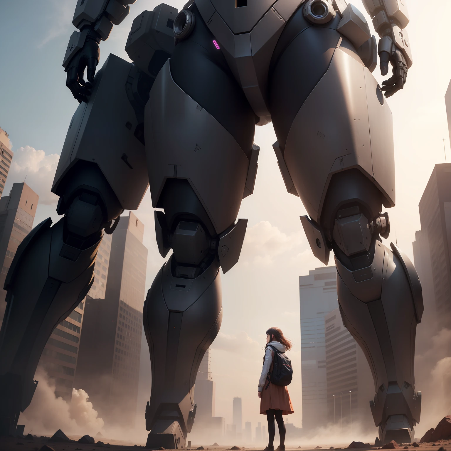 A girl stands in front of a large humanoid mech，8k，high high quality，Extremely delicate，The upper part of the body