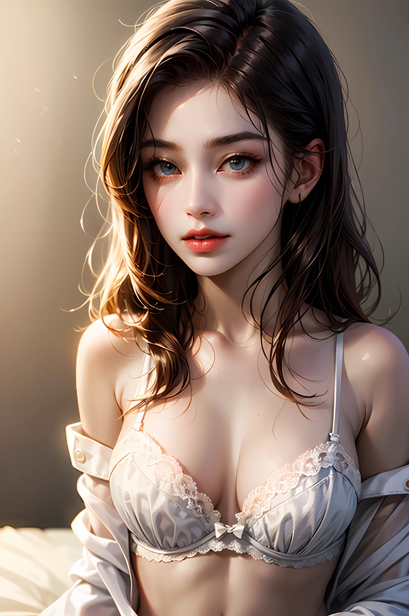 (8k, RAW photo, best quality, masterpiece:1.2), yjnn, 1girl, 3d, asian, bangs, bare_shoulders, bow, bra, breasts, brown_eyes, brown_hair, cleavage, grey_background, lips, long_hair, long_sleeves, looking_at_viewer, medium_breasts, navel, nose, off_shoulder, open_clothes, open_shirt, panties, realistic, shirt, solo, stomach, underwear, undressing, upper_body, white_bra, white_panties, white_shirt,Shiny skin, beautiful delicate face, beautiful delicate eyes ,(realistic, photo realistic:1),Lie down on the bed --auto