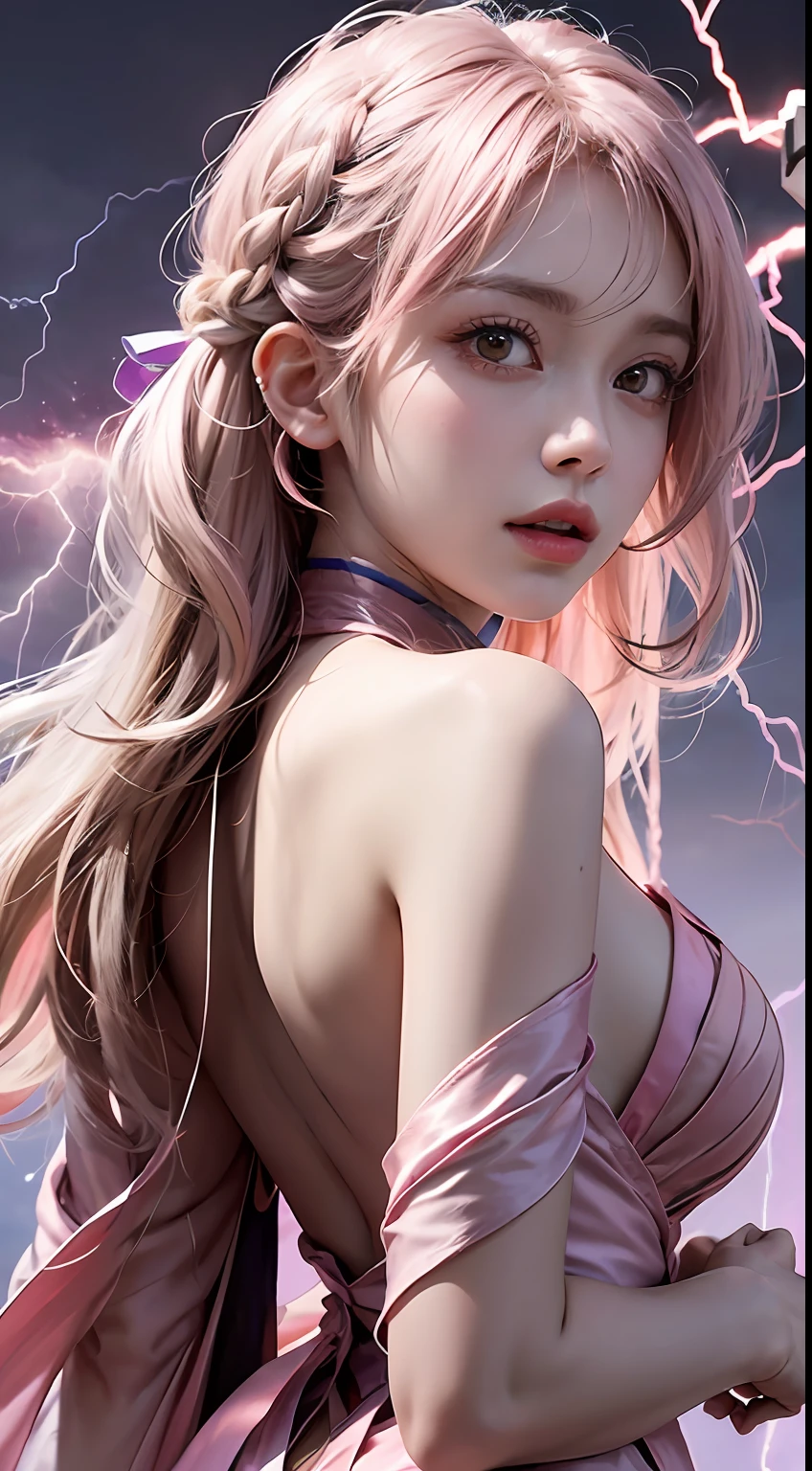 18-year-old timid female classmate,(best qualtiy,8K,tmasterpiece:1.3),Goose egg face,largeeyes,long eyelasher,With bangs,Cool handsome,Domineering,Exquisite(live-action realistic style),Star-like eyes,Ultimate face,Photorealistic light and shadow,Clear facial features,Milky white skin,Fair skin, highdetailskin, Realistic skin details, Visible Pore,(Super detail),Petite body,(perfect bodies:1.1),Carmelto, full bodyesbian,Two braids,Hanfu,Ribbons,the night,((dynamicposes),Side Body,back to look back),((storming,Dark night,cinmatic lighting)),((Dynamic background((pink lightning)) ,Dramatic scenes