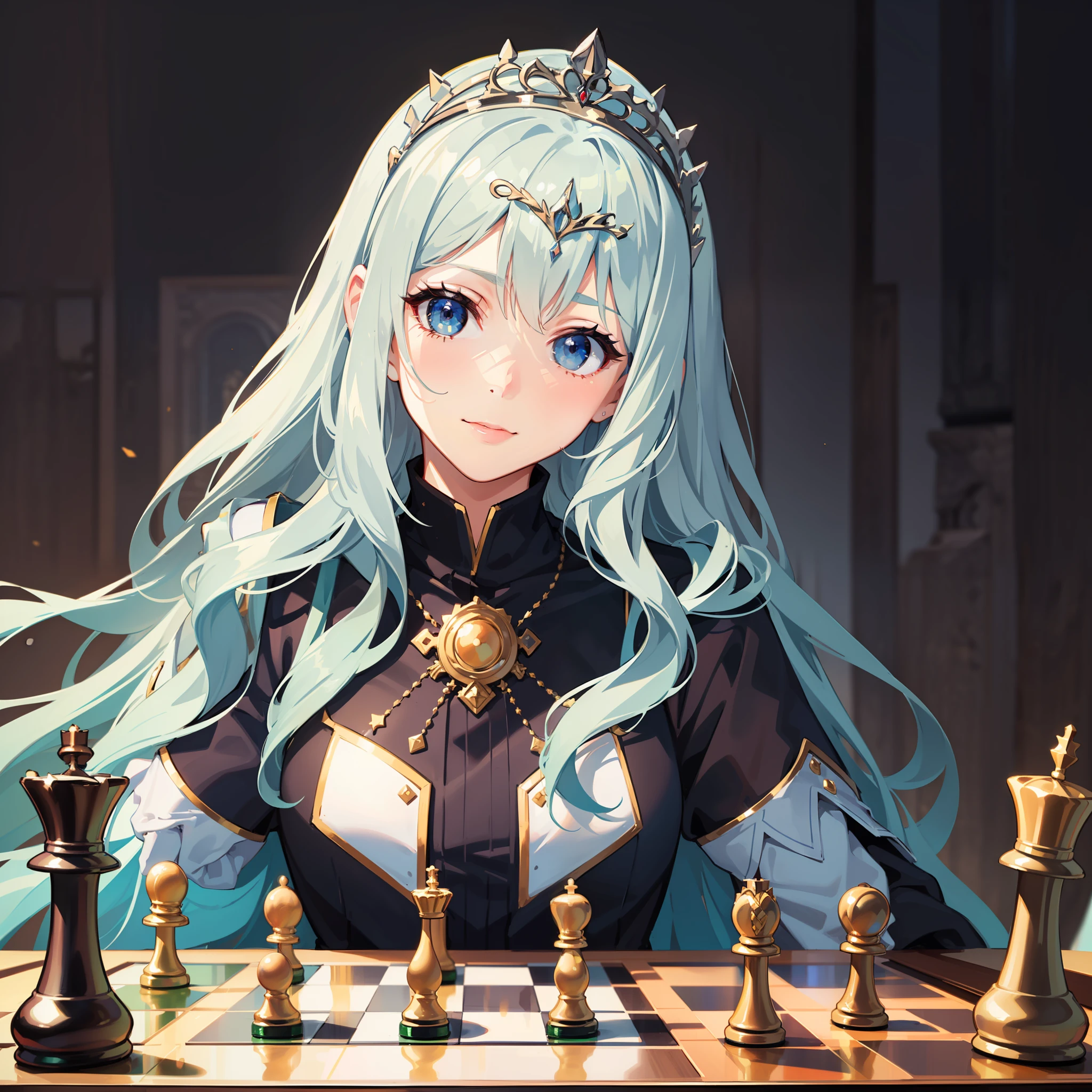 ((Masterpiece: 1.2, top quality)), ((1 woman)), silver hair, blue eyes (beautiful), ((hand on table)), ((chess board)), ((fantasy academy uniform, magic)), fantasy vibe, natural smile, soft lighting, chess piecess, detailed accessories, chess symbol badge, for novel cover, big dreamy eyes, chess table, sitting on the throne, good proportion, well drawn chess, ((wearing simple tiara)) , simple crown