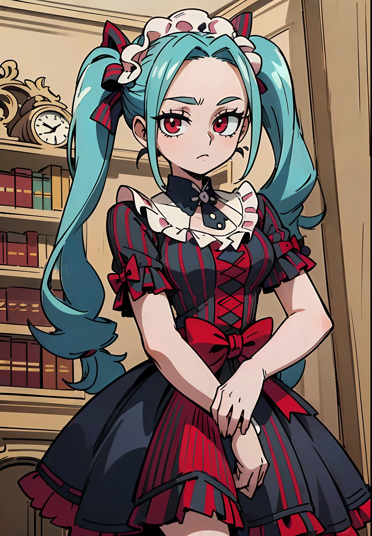 ((looking a viewer)), ((独奏)), (turquoise hair), (((ponytails))), (forehead), (Long hair), (pink eyes), (((smoth))), (Gothic dress), (Lolita Dress), (vintage dress), (Black Dress), (frilld), (beige bows), (((Dark red details))), (((Vertical stripes))), ((Clock face in the background)), (library)