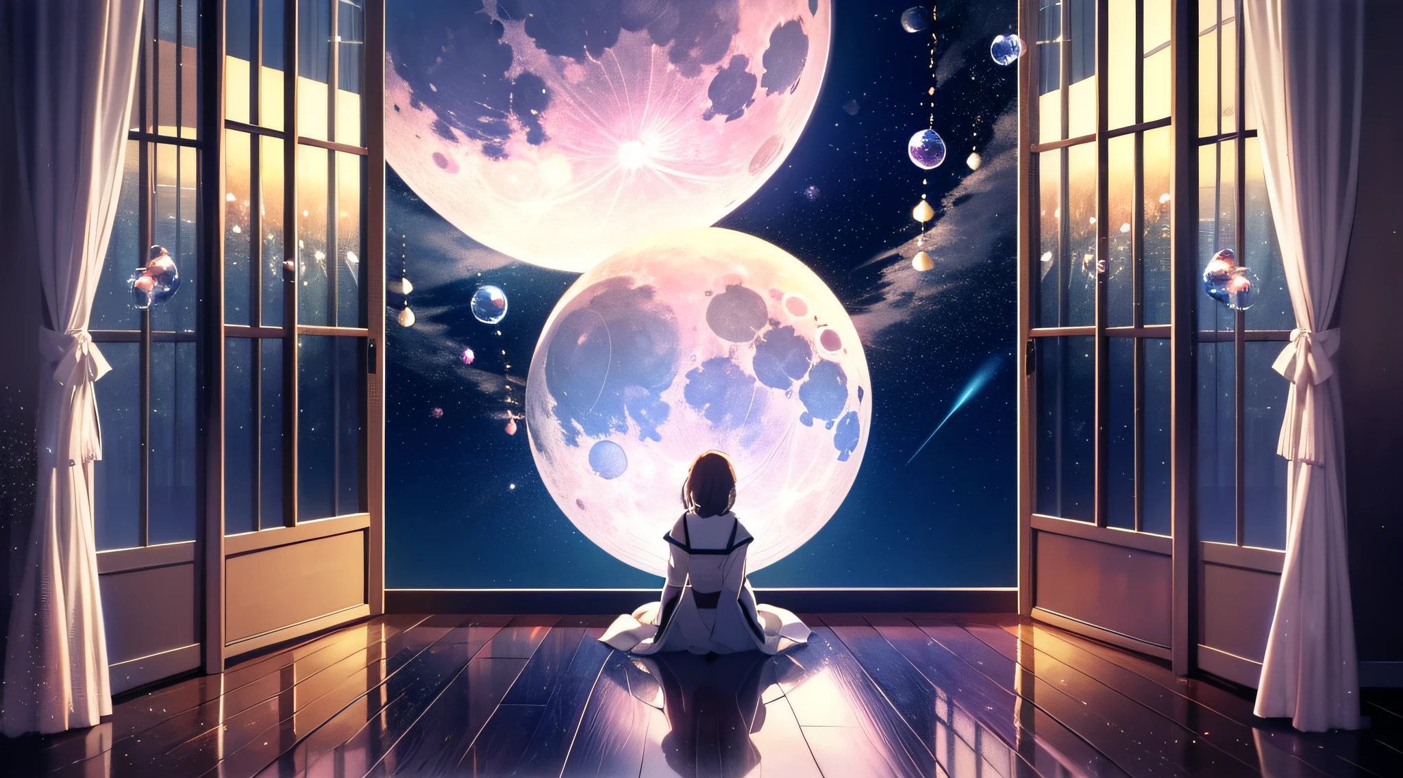 Silent night,floor to ceiling window,A huge round moon,style of anime,Bubbles flying all over the sky,