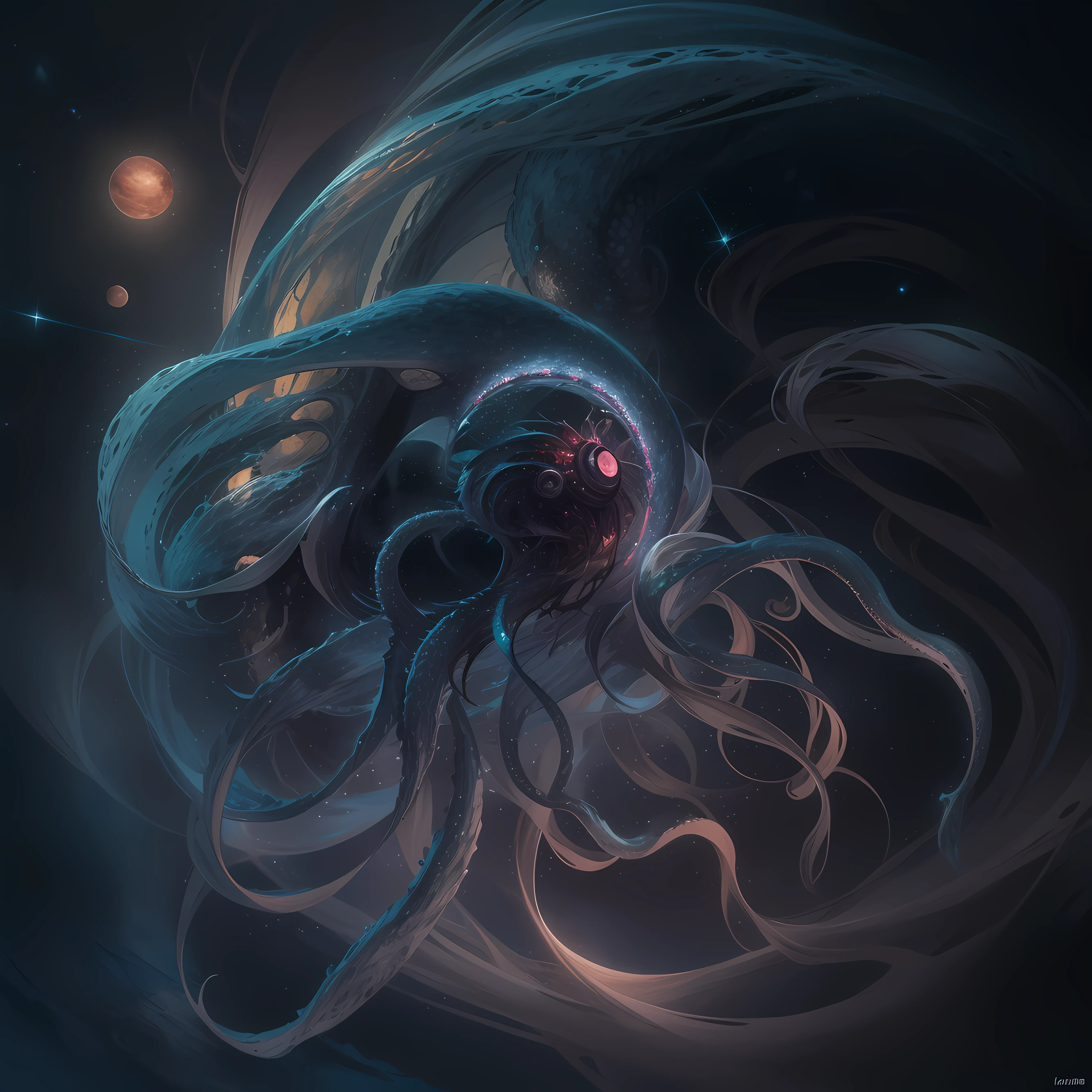 "Artistic Image, {A creature with specialized organs that can process and store volatile gases, allowing it to float and navigate the turbulent atmosphere of Kepler-23 b. Its tentacle-like appendages end in bioluminescent tips, serving as lures in the dim light and thick atmospheric conditions}, Blending Bio-luminescent Ocean Creatures with Aerial Adaptations, Side View, Medium Shot, (Soft Glow:1.3), (Digital Painting:1.2), (Highly Detailed:1.25). Environment: Mid-atmosphere of Kepler-23 b, with swirling gas clouds and faint light from its star."