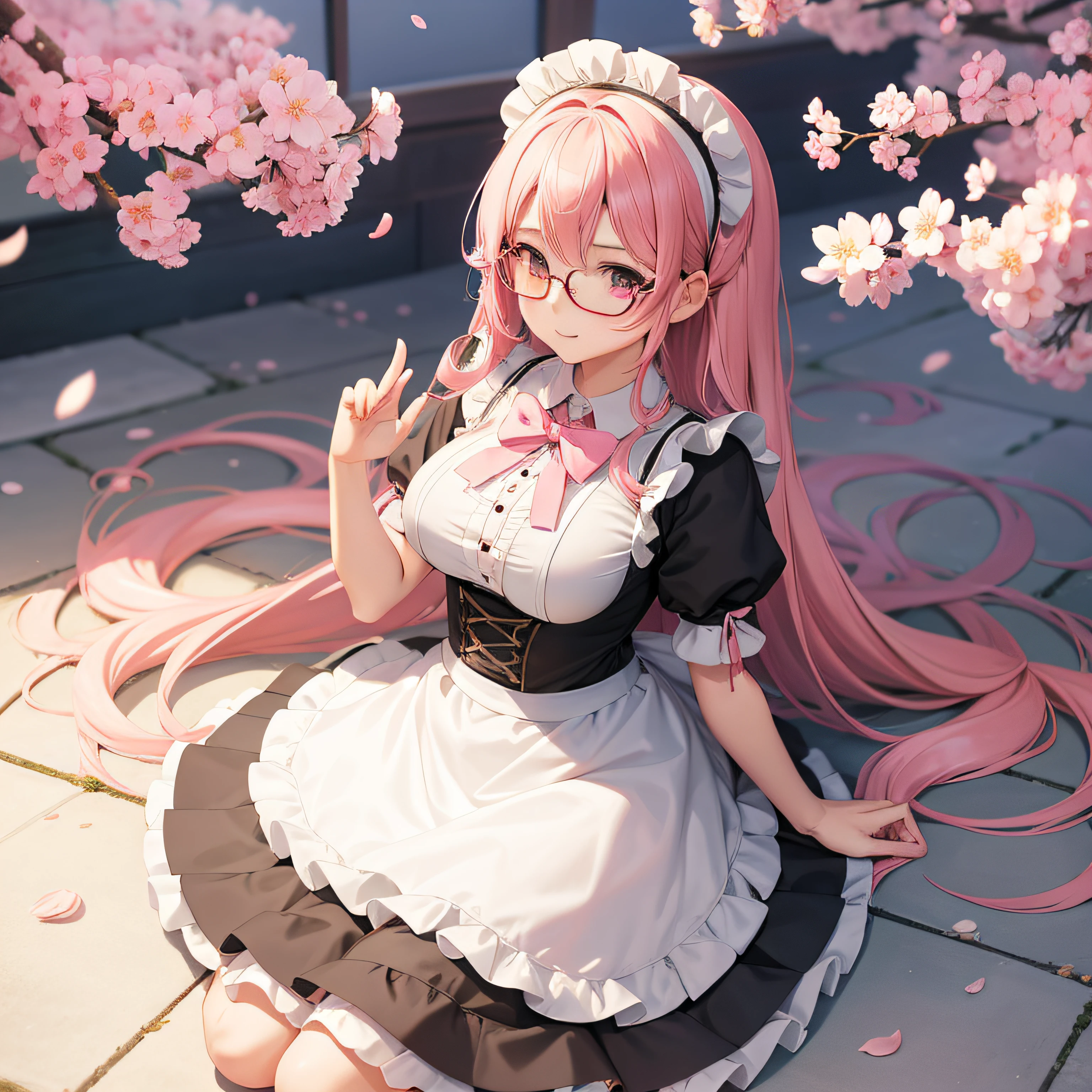Anime character wearing maid clothes with glasses, Cherry blossom petals　Pink Long Hair、3DCG, loli big boobs, rcasual、anime girls in maid costumes, anime moe art style,