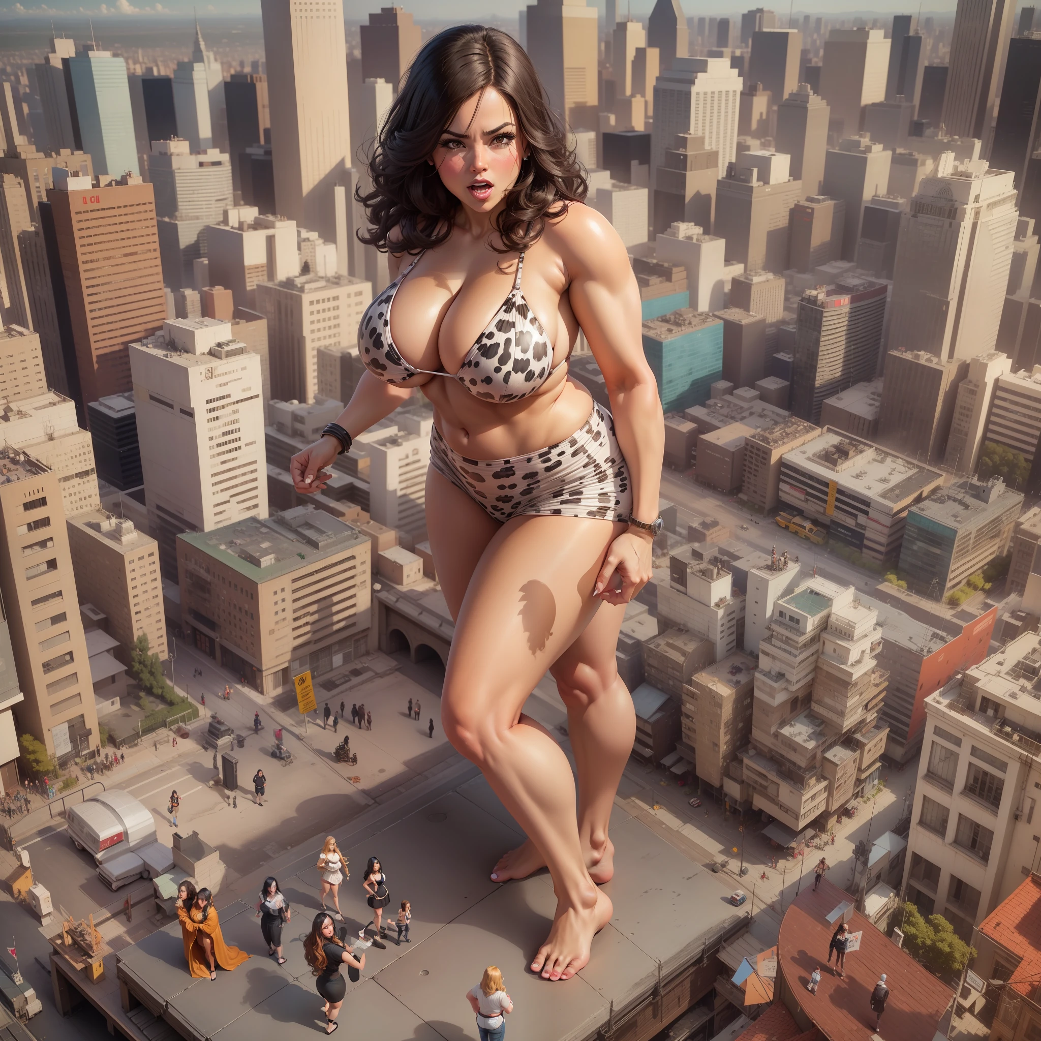 A Gigantic woman, (GTS, Gigantic, COLOSSAL attractive giant white latina female surrounded by miniature, tiny, miniscule, diminutive adult people who barely reach the giant woman's ankles)) her sexy face amused, looms over a cityscape, her fists clenched and ready to strike, FULL BODY SHOT MINIATURE PEOPLE PERSPECTIVE, giantess who looks like jenny Rivera with dark hair in her mid-30s, surrounded by miniature adult people who barely reach the giant woman's ankles)) Characterized by a voluptuous figure and a confident demeanor , the woman is dressed scantily clad animal print bikini that accentuate her physique, she is barefoot her sexy face amused, looms over a cityscape, her fists clenched and ready to strike, FULL BODY SHOT MINIATURE PEOPLE PERSPECTIVE