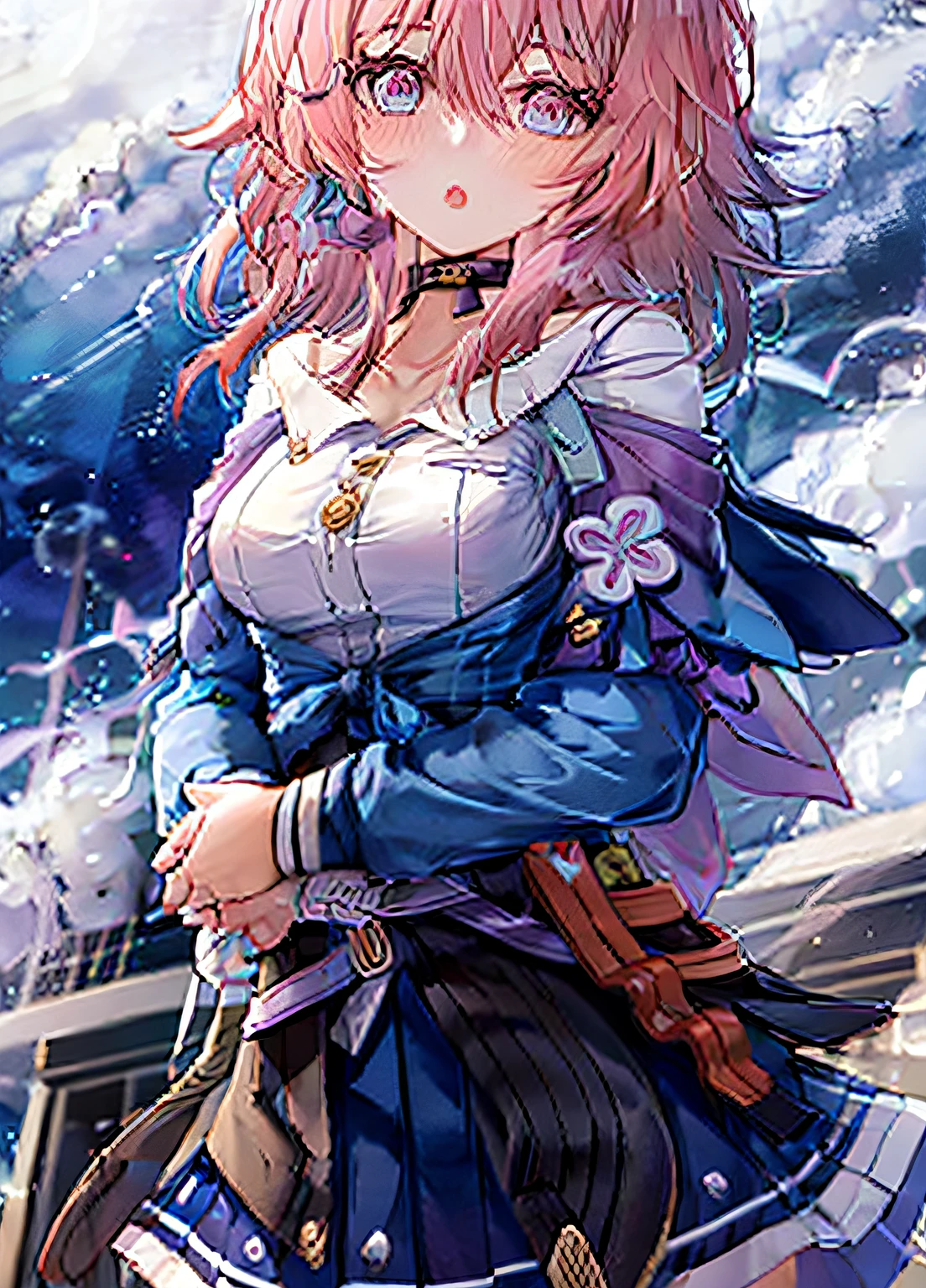 1girl, ;o, bangs, bare shoulders,(multicolor eyes), blush, breasts, choker, collarbone, garter straps, hair between eyes, jacket, jewelry, long sleeves, looking at viewer, medium breasts, off shoulder,open jacket, pink hair, shirt, skirt, solo, walking white shirt ,outdoors,sunset