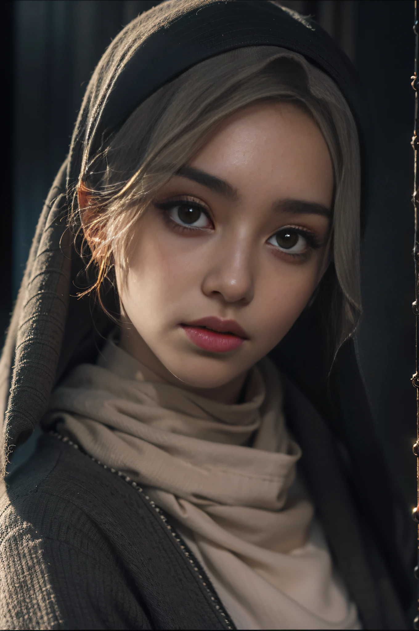 "Hijab, Best quality, masterpiece, ultra high res, (photorealistic:1.5), raw photo, 1girl, offshoulder, in the dark, deep shadow, low key, cold light, sexy look, short hair,".