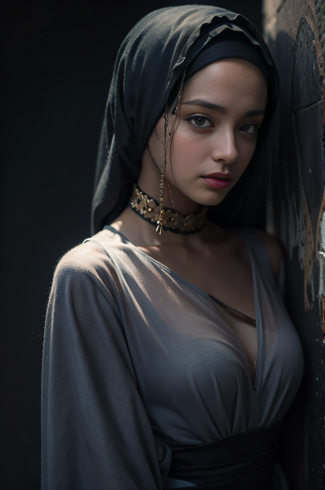 "Hijab, Best quality, masterpiece, ultra high res, (photorealistic:1.5), raw photo, 1girl, offshoulder, in the dark, deep shadow, low key, cold light, sexy look, short hair,".