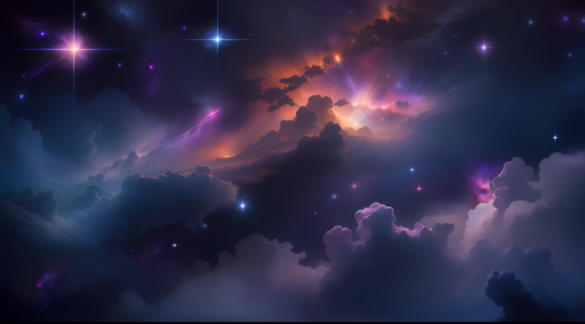 Create an image of a relaxed, dark universe. Scenes of serene celestial beauty in the vastness of space, where distant stars twinkle like guiding lights. Breathtaking nebulae and colorful galaxies evoke wonder and awe. Use soft, soothing tones and blend them with the indigo, deep purple, and warm hues of the sky to create an atmosphere of peace and serenity.