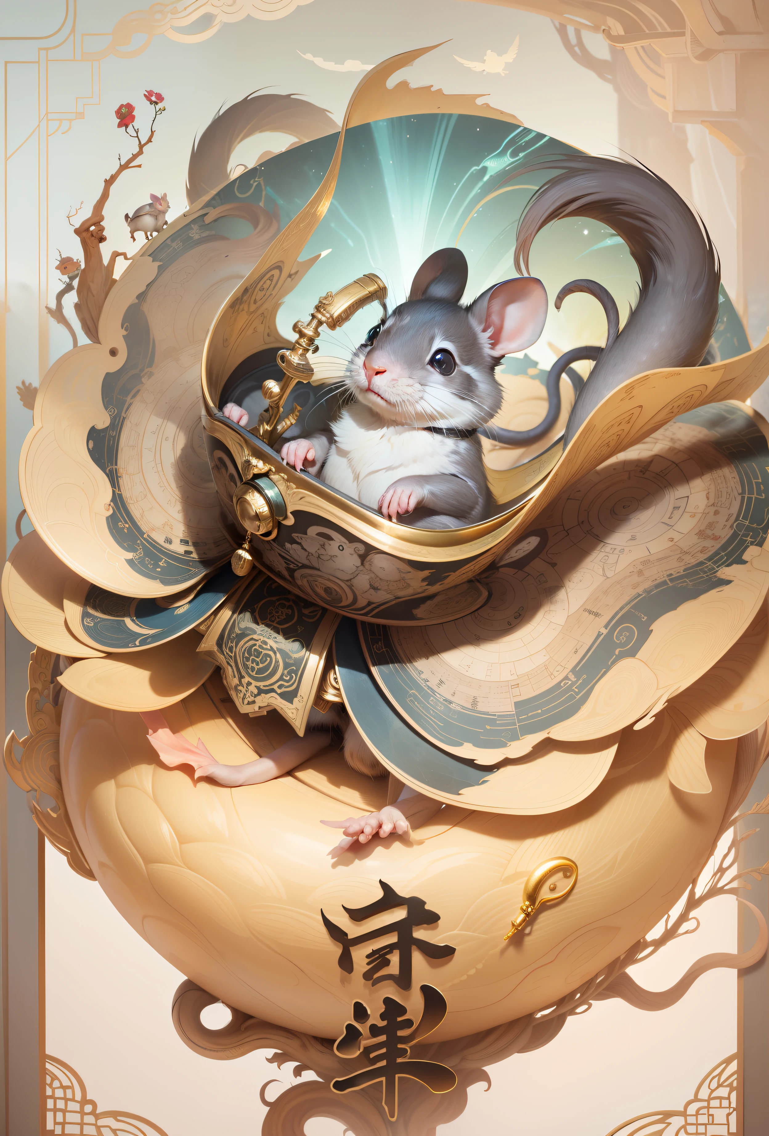 (Extremely detailed 8k wallpapers),复杂,Highly meticulous,Full of drama,Masterpiece, High quality, 4K, Beautiful design, Shiny, From above, (Redshift style:1.1), (analogue style:1.1), Sub-rats,Zodiac rats,ratz,Auspicious clouds,the detail,Clear pattern,The mouse holds a brush,Impeccable