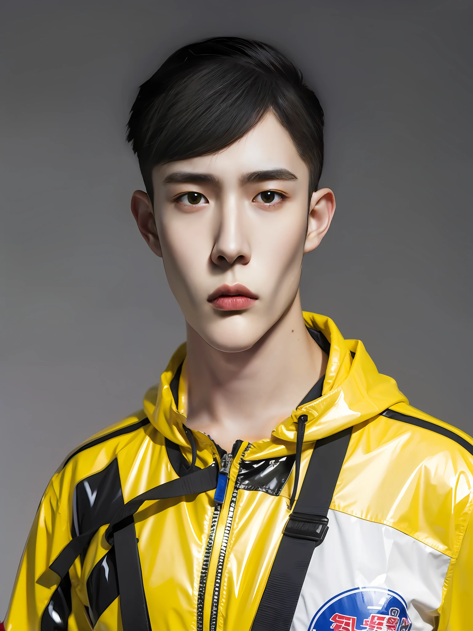 A Chinese male high school student,Wearing yellow PVC casual clothes