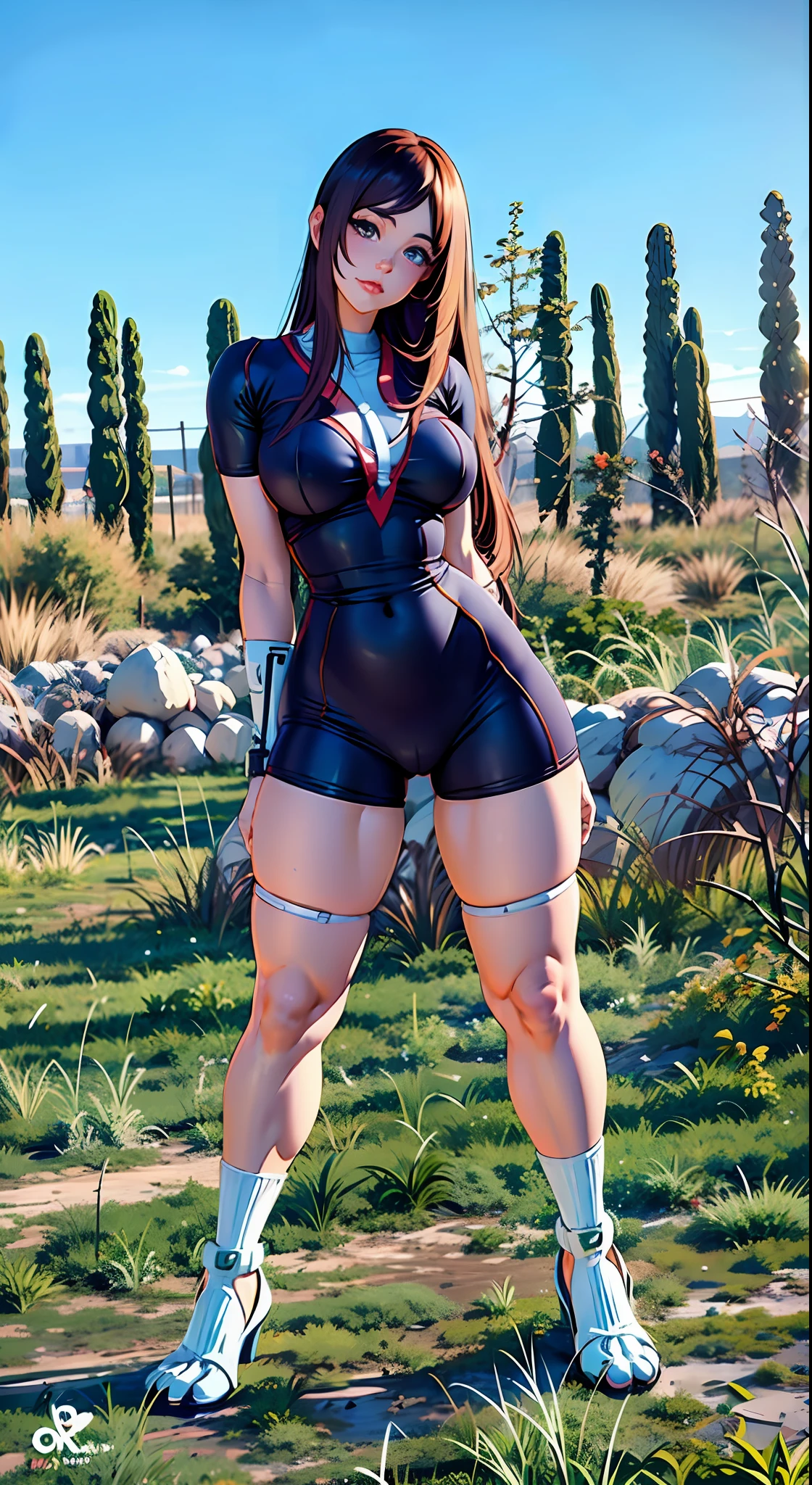 Tsuyu Asui em uma roupa curta posando para uma foto, bunda grande, coxas grossas, massive legs towering over you, pernas grossas, full body in sight, coxas expostas!!!, thicc, cute face with arms and legs, roupa apertada, imagem de corpo inteiro, tiro de comprimento de corpo inteiro, olhar sexy, traje apertado, em pleno crescimento, mulher curta robusta, rosto muito bem feito, rosto em 8k