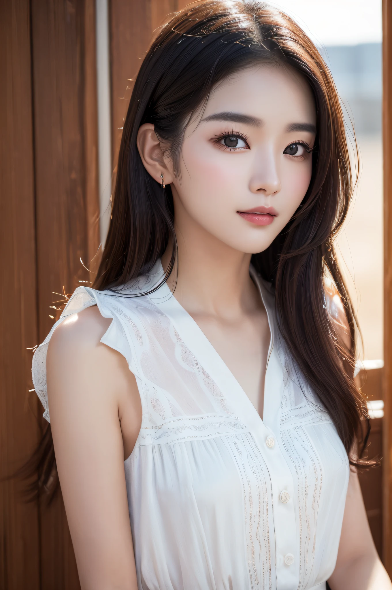 ((best qualtiy、8k masterpieces:1.3))、foco nítido:1.2、(ultra beautiful faces:1.0)、(shinny skin:1.0)、photos realistic、A dark-haired、Video Lighting、High-definition eyes and face、Video Lighting、(cowboy  shot:1.3)、(Korean Cute Actress)、from the front side、medium large breasts、ssmile、Sleeveless、Wearing a white blouse