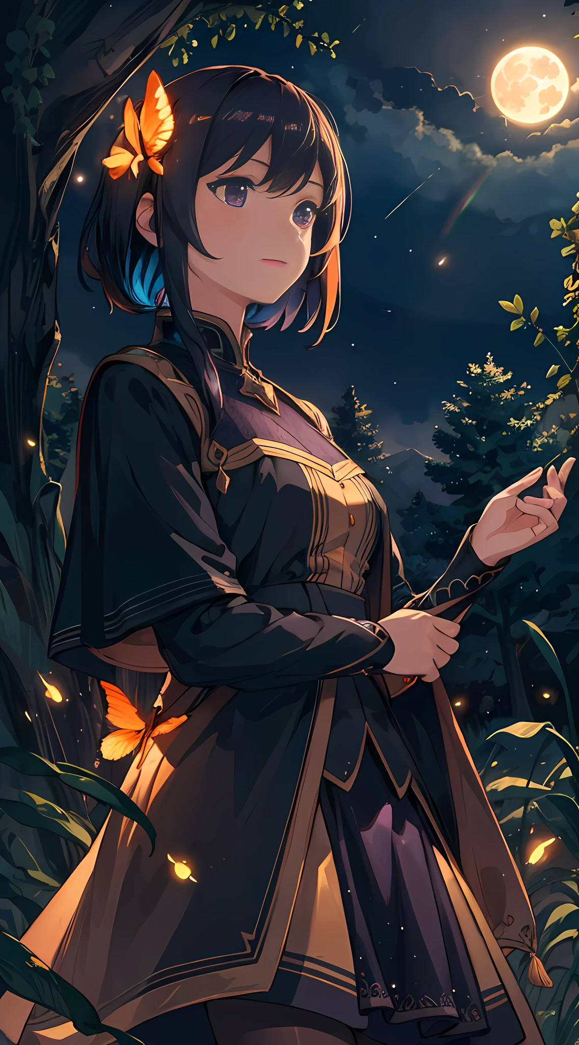 Vast landscape photo, (viewed from below, the sky is above and the open field is below), a girl standing on a flower field looking up, (full moon: 1.2), (meteor: 0.9), (nebula: 1.3), distant mountains , Trees BREAK Crafting Art, (Warm Light: 1.2), (Fireflies: 1.2), Lights, Lots of Purple and Orange, Intricate Details, Volumetric Lighting, Realism BREAK (Masterpiece: 1.2), (Best Quality), 4k, Ultra-Detailed, (Dynamic Composition: 1.4), Very Detailed, Colorful Details, (Rainbow Colors: 1.2), (Glow Lighting, Atmospheric Lighting), Dreamy, Magical, (Solo: 1.2)