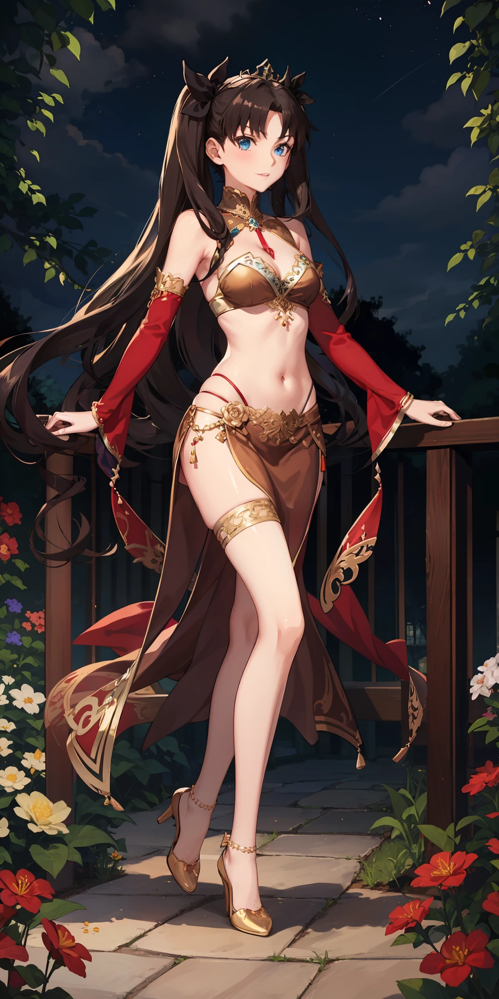 long hair, black hair, medium breast, slim legs, happy, brown gown, cleavage, arabian belly dancer , skirt, rin tohsaka, twin tail, navel, garden, night, blue eyes, tiara, standing, thigh high socks