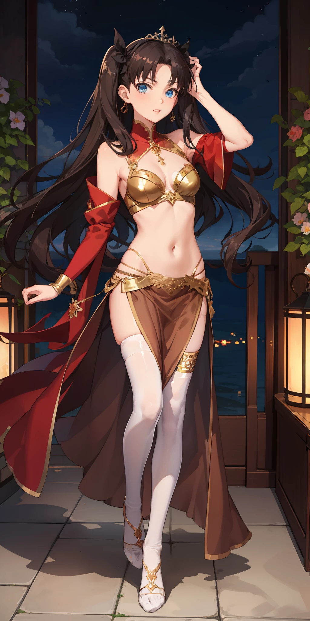 long hair, black hair, medium breast, slim legs, happy, brown gown, cleavage, arabian belly dancer , skirt, rin tohsaka, twin tail, navel, garden, night, blue eyes, tiara, standing, thigh high socks