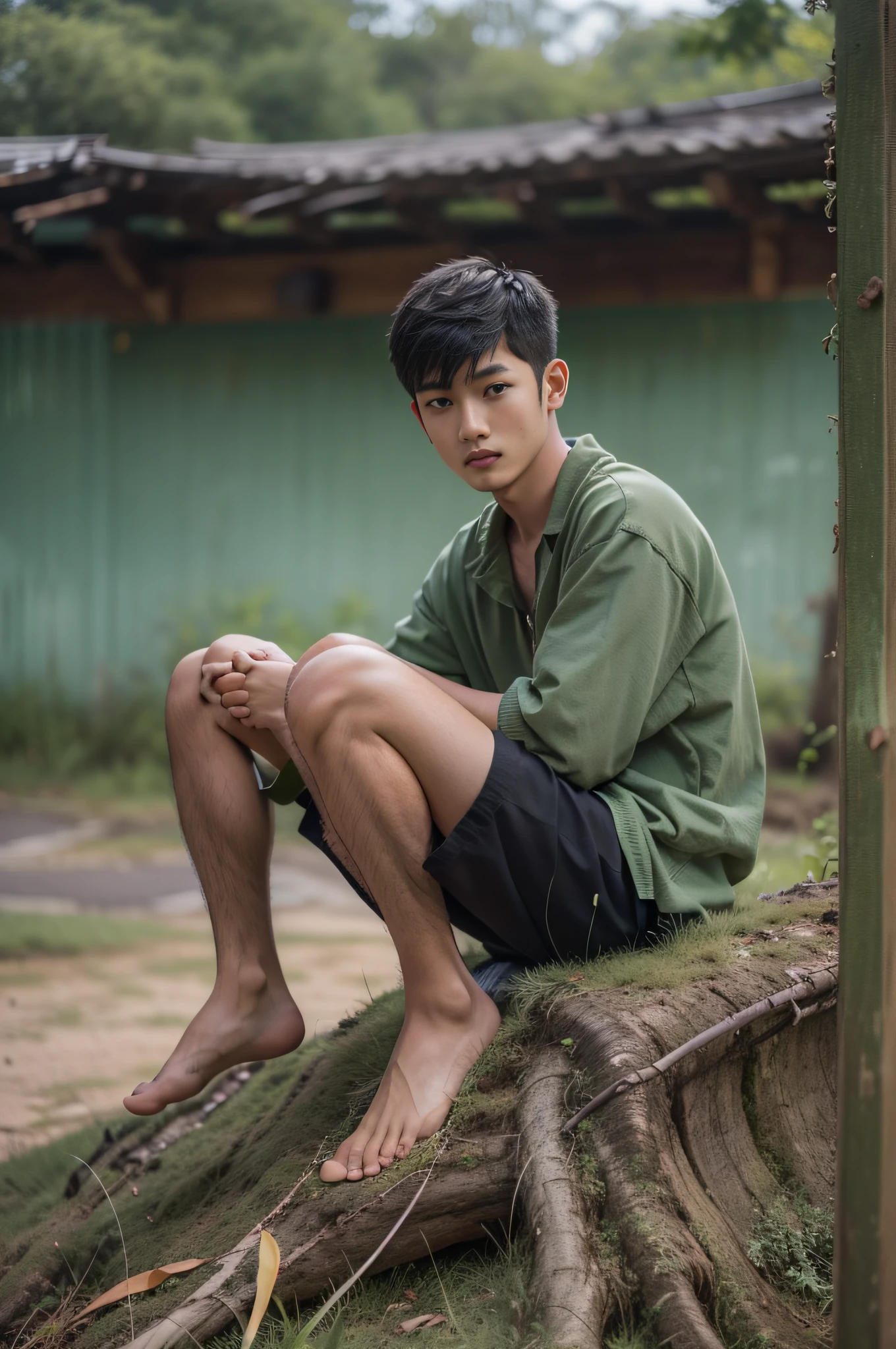 A comfortable and warm photo，Asian boys，Manhood: 25 years old, villager man shows off his feet，Foot_Focused，Wear black boxer shorts，Green space photos，Sit on the weeds，Keep your feet up，The barefoot，Toes，soles of feet，long leges，bends his knees，Spread your legs pose，The composition is awesome