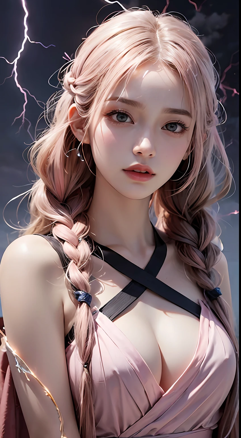 18-year-old drunk female classmate，（best qualtiy，8K，tmasterpiece:1.3），Goose egg face，largeeyes，long eyelasher，With bangs，Cool handsome，Domineering，Exquisite（live-action realistic style），Star-like eyes，Ultimate face，Photorealistic light and shadow，Clear facial features，Milky white skin，Fair skin， highdetailskin， Realistic skin details， Visible Pore，（Super detail），Petite body，（perfect bodies：1.1），Carmelto， full bodyesbian，Two braids，Hanfu，Ribbons，the night，（（dynamicposes），Look up at the perspective，Look into the distance），（（storming，Dark night，cinmatic lighting）），((Dynamic background((pink lightning)) ，Dramatic scenes