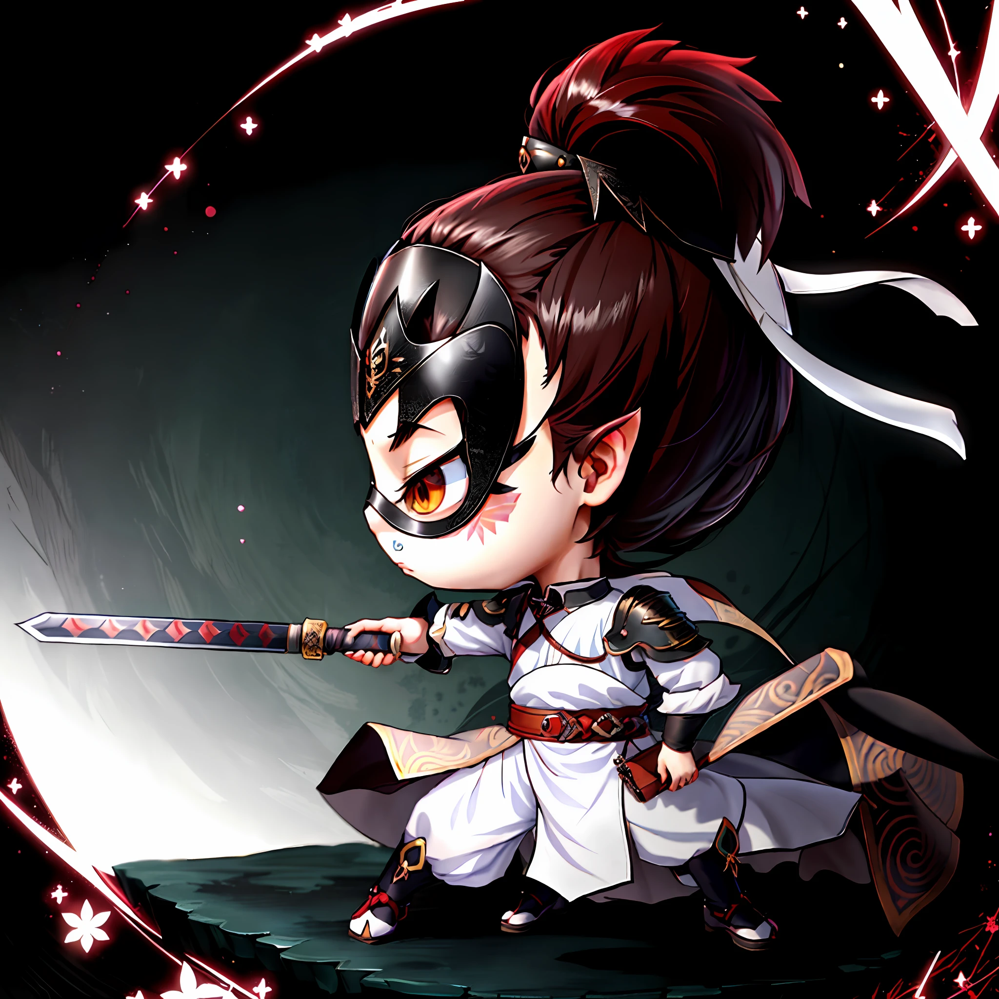 Chibi anime characters，The sword，sword sheath，There is a beautiful pattern on the scabbard，Refinement，Fine painting，Refinement，infinite details，high definition detail，Delicate belt，Belt accessories，Male characters，Blindfolds，sideface，swordsman，dark colored hair，Patterned，Pattern，Blank background，Bright colors，Metal edging