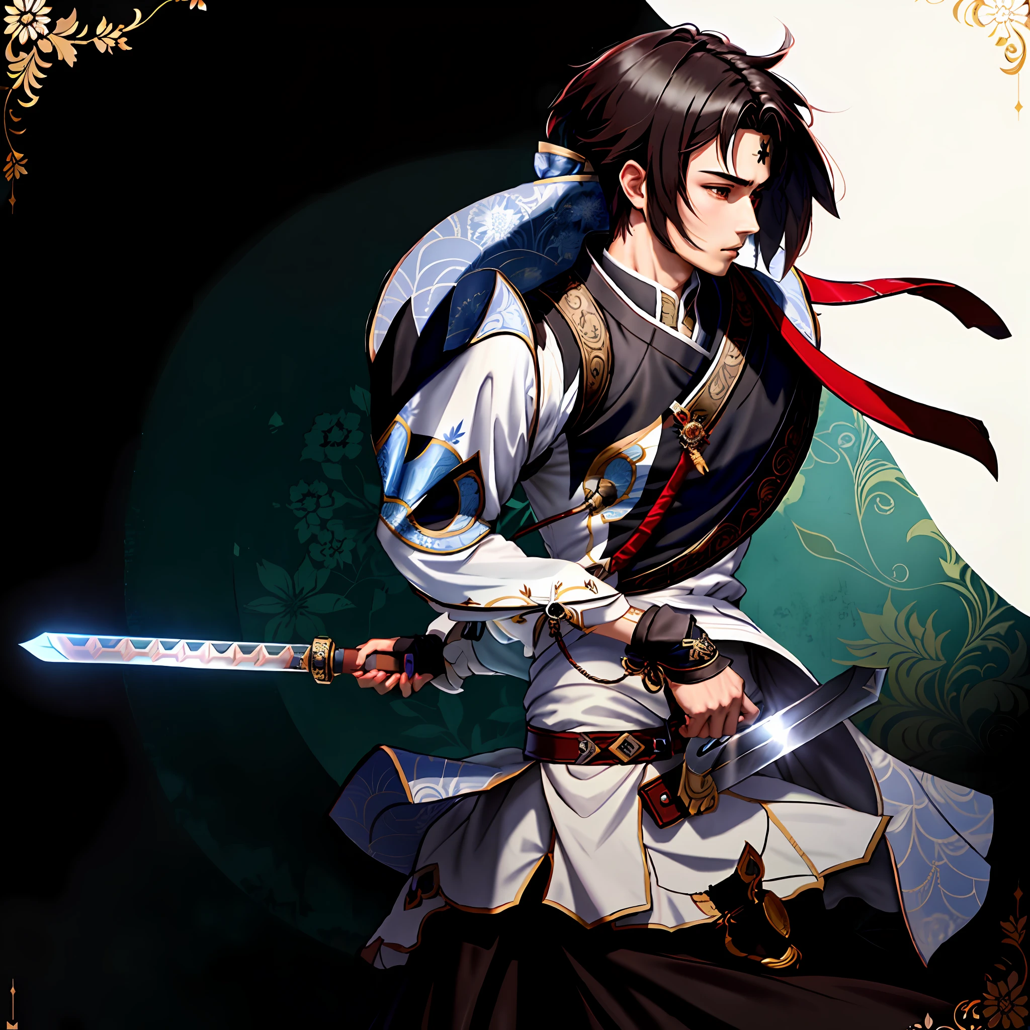 Chibi anime characters，The sword，sword sheath，There is a beautiful pattern on the scabbard，Refinement，Fine painting，Refinement，infinite details，high definition detail，Delicate belt，Belt accessories，Male characters，Blindfolds，sideface，swordsman，dark colored hair，Patterned，Pattern，Blank background，Bright colors，Metal edging