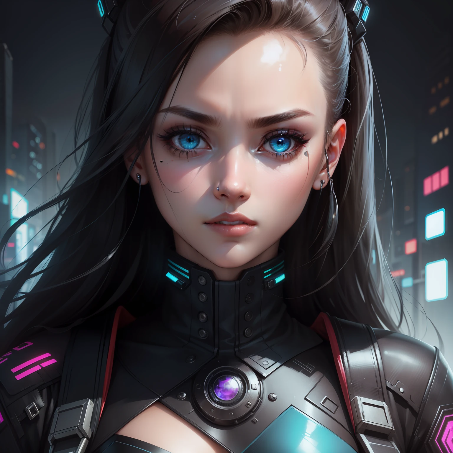 1girl, extreme + absolutely beautiful + meticulous_face, extreme + absolutely beautiful + meticulous_eyes, upper body, close-up, cyberpunk background, sketch, solid color,