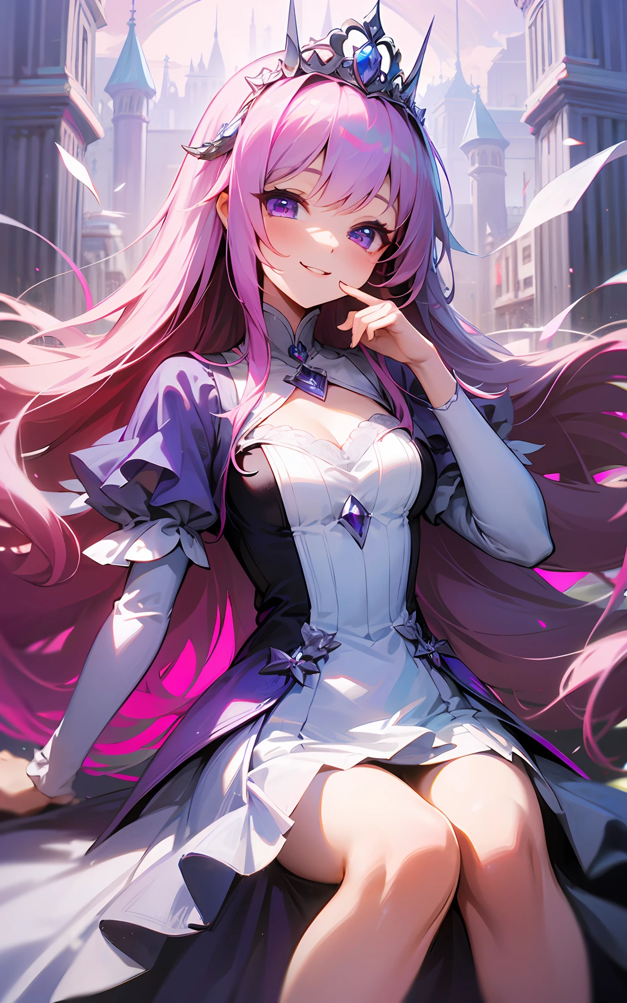 top-quality、hight resolution、detaileds、Long pink hair、Purple eyes、Castle Square、Silver tiara、White princess dress、Shining sunshine、(The whole body is shown)、A smile、(a person々Well-intentioned)、Put hand on cheek、happiness、