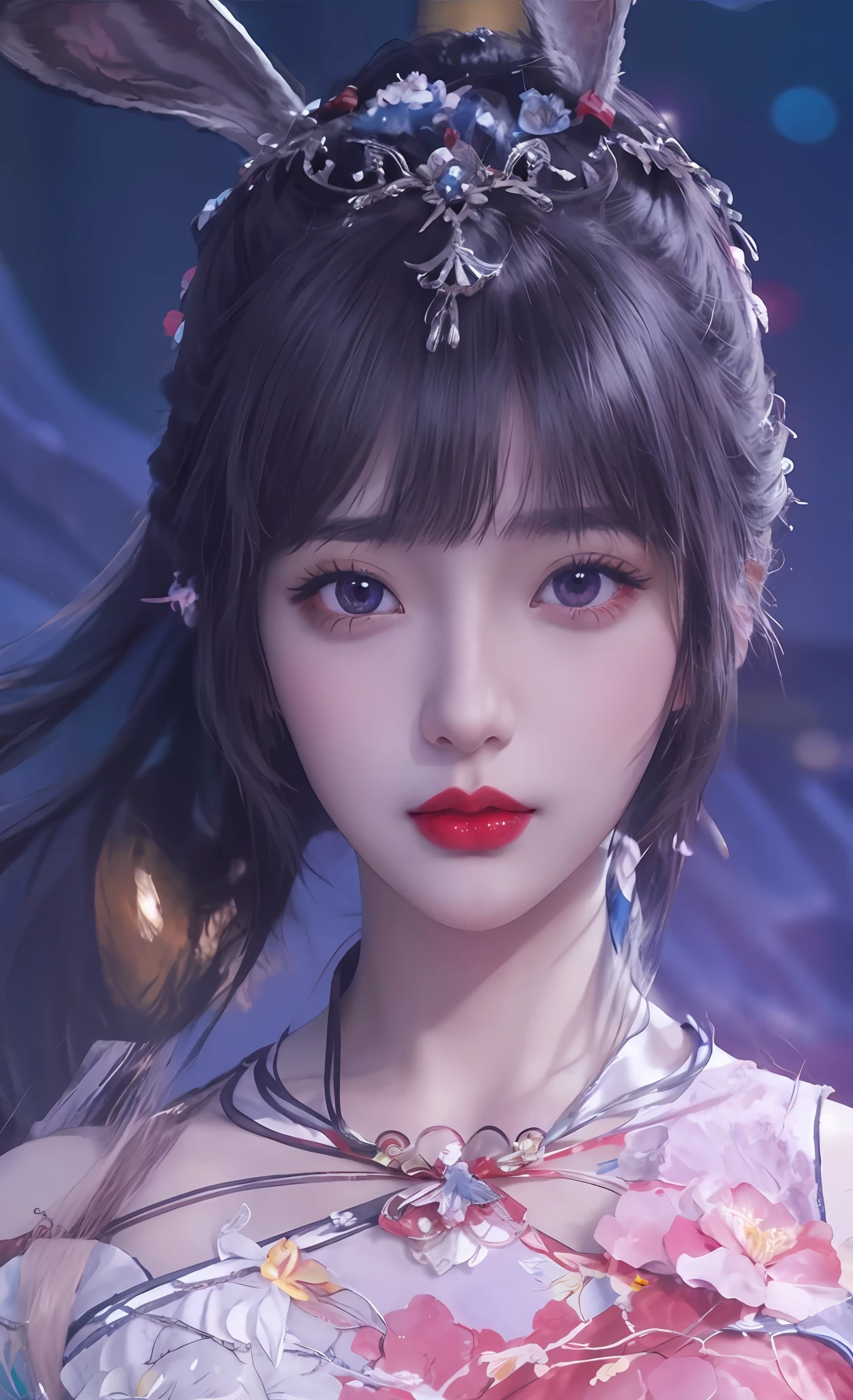 A girl with head rabbit ears，Red lips，Brilliant colors Stunning anime face portraits, 8K high quality detailed art, trending on cgstation, Smooth anime CG art, detailed portrait of an anime girl, 8K Artgerm bokeh, Palace ， A girl in Hanfu